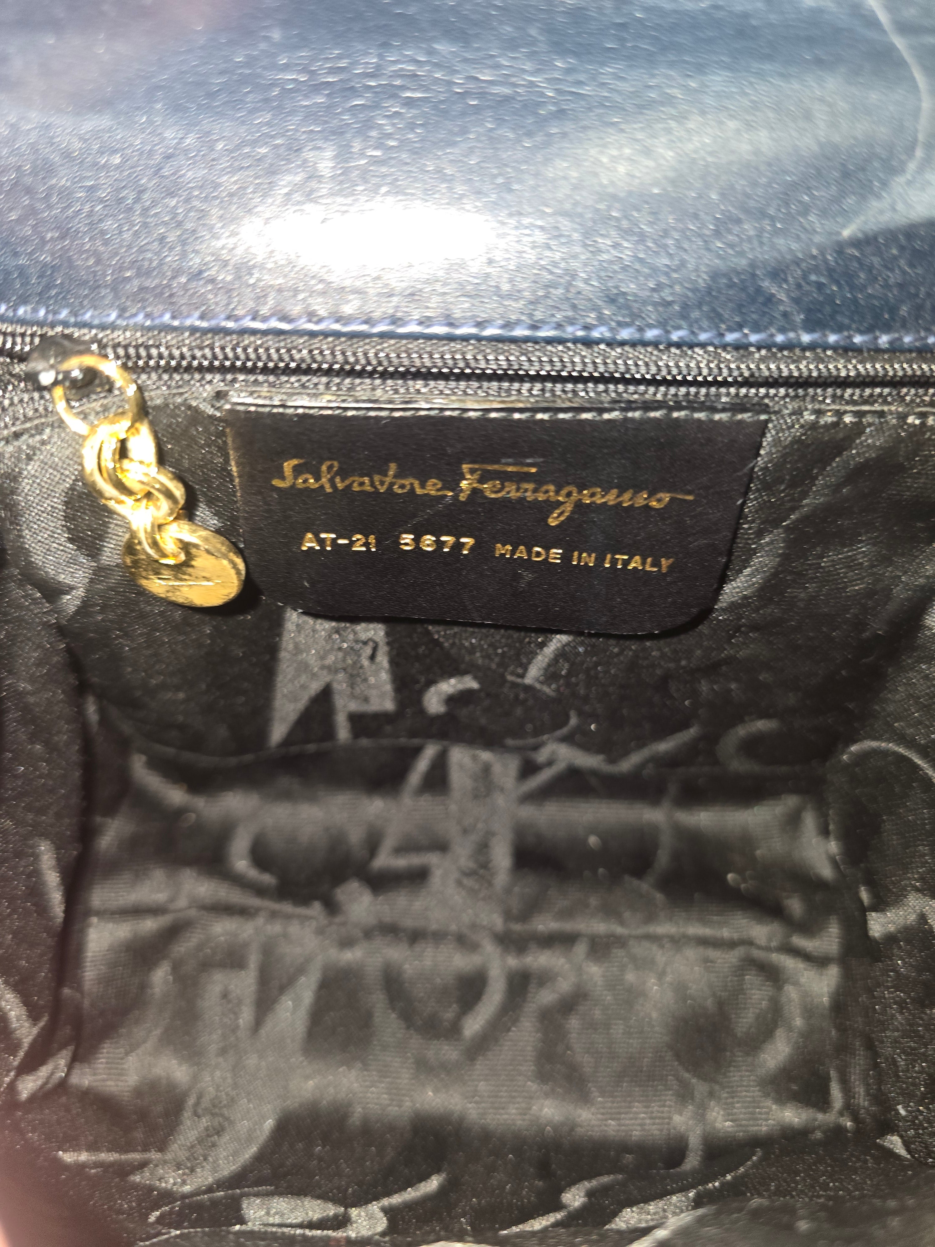 Salvatore Ferragamo Vintage Vara Bow Small Top Handle Bag Navy Leather Gold Hardware