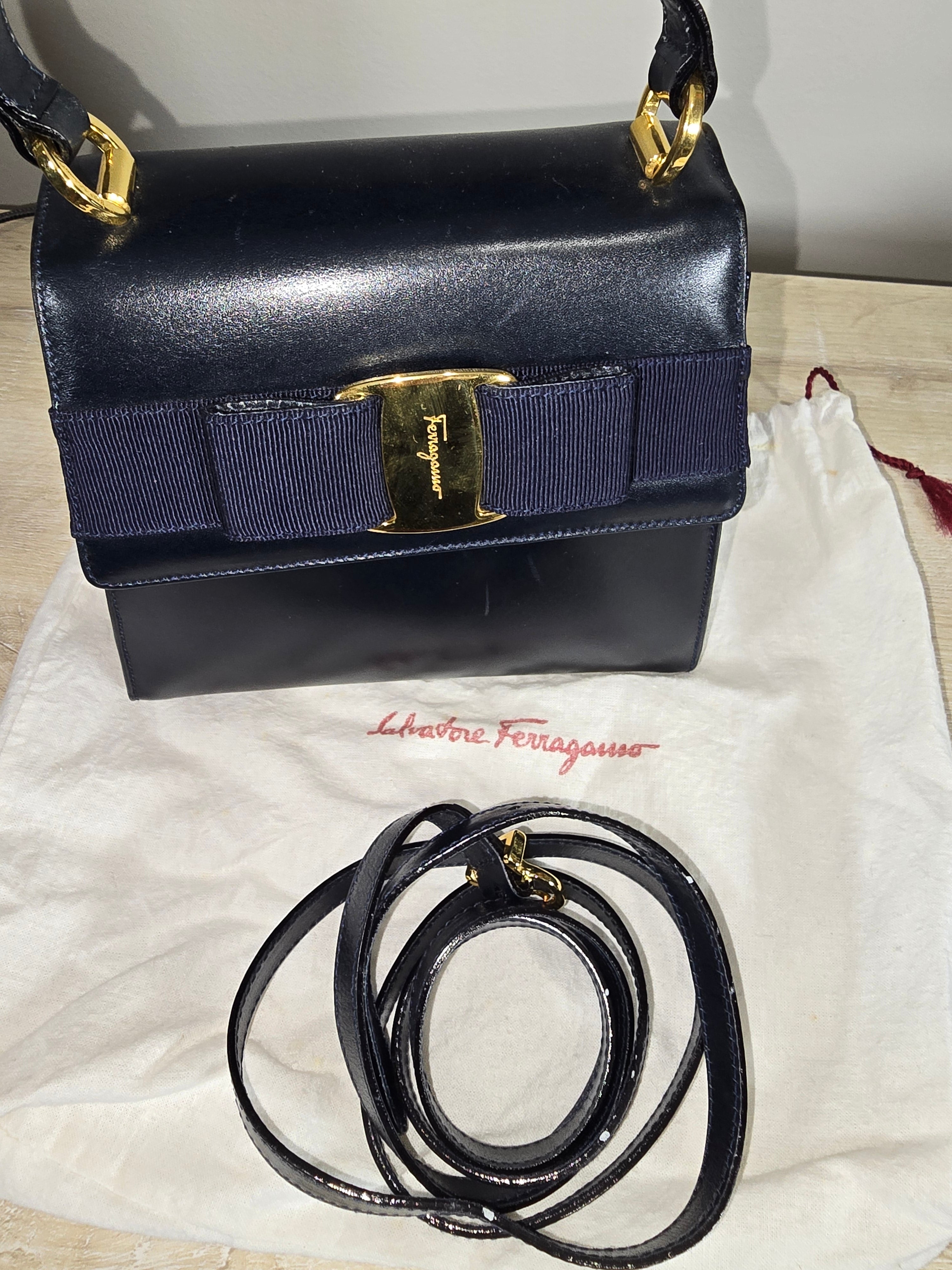 Salvatore Ferragamo Vintage Vara Bow Small Top Handle Bag Navy Leather Gold Hardware