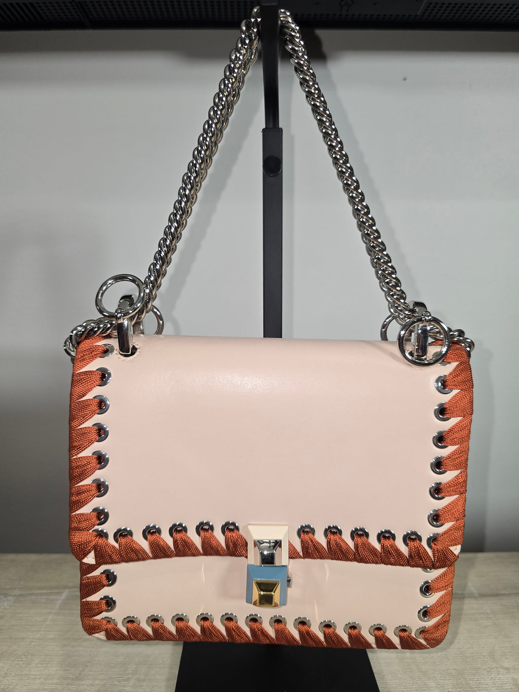 Fendi Kan I Ribbon Whipstitch Shoulder Bag Beige Orange Ribbon Silver Hardware