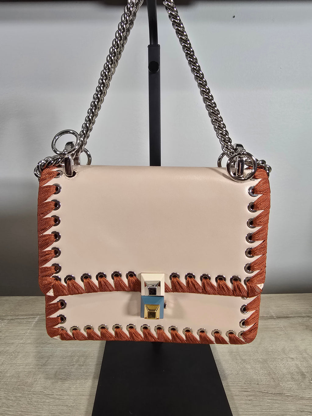 Fendi Kan I Ribbon Whipstitch Shoulder Bag Beige Orange Ribbon Silver Hardware