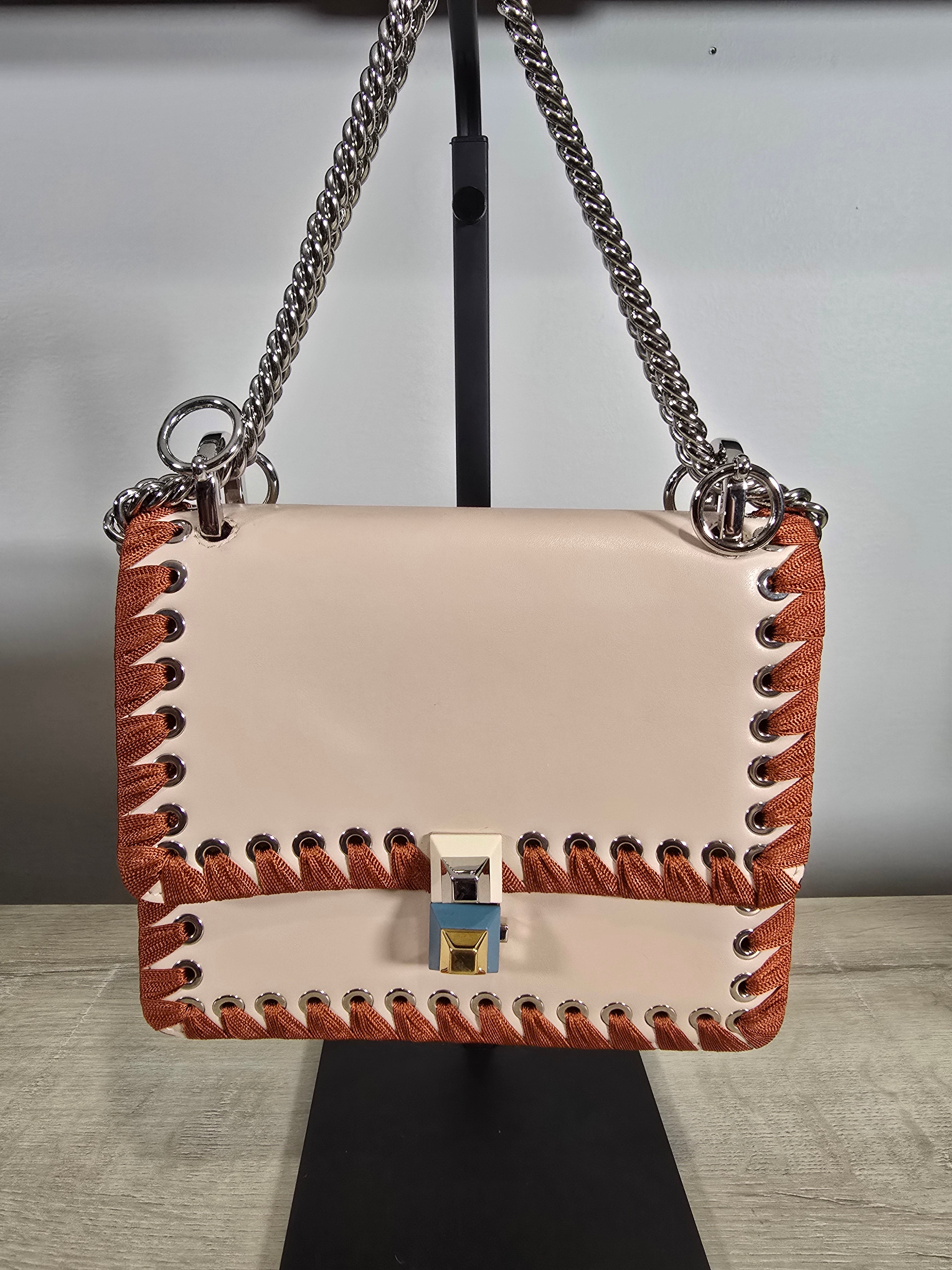 Fendi Kan I Ribbon Whipstitch Shoulder Bag Beige Orange Ribbon Silver Hardware