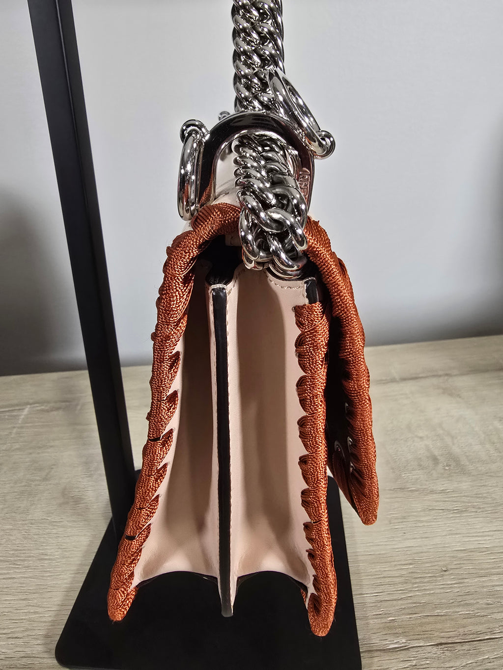 Fendi Kan I Ribbon Whipstitch Shoulder Bag Beige Orange Ribbon Silver Hardware