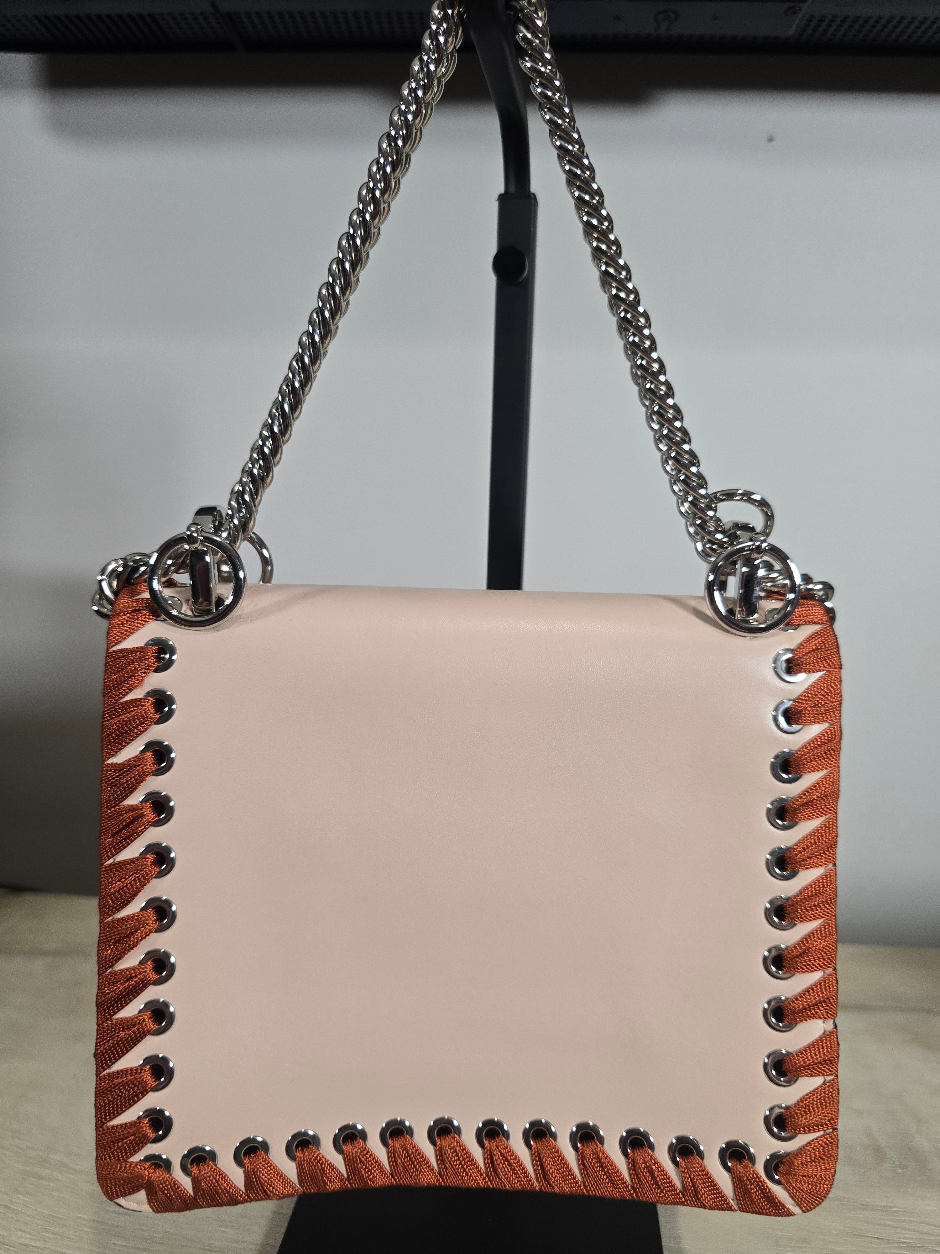 Fendi Kan I Ribbon Whipstitch Shoulder Bag Beige Orange Ribbon Silver Hardware