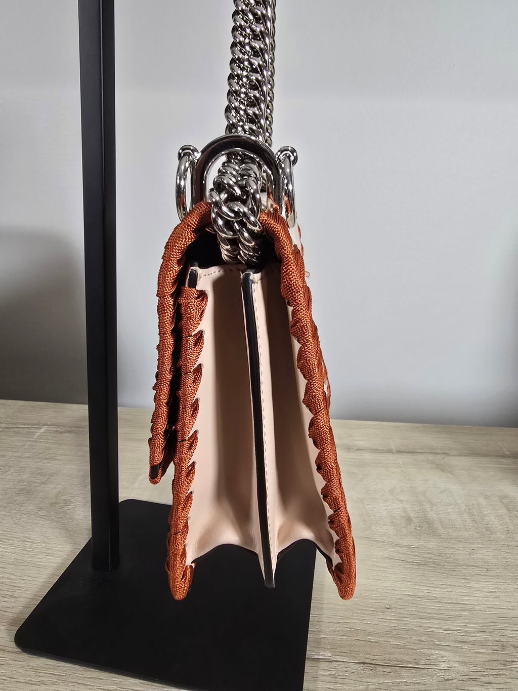 Fendi Kan I Ribbon Whipstitch Shoulder Bag Beige Orange Ribbon Silver Hardware