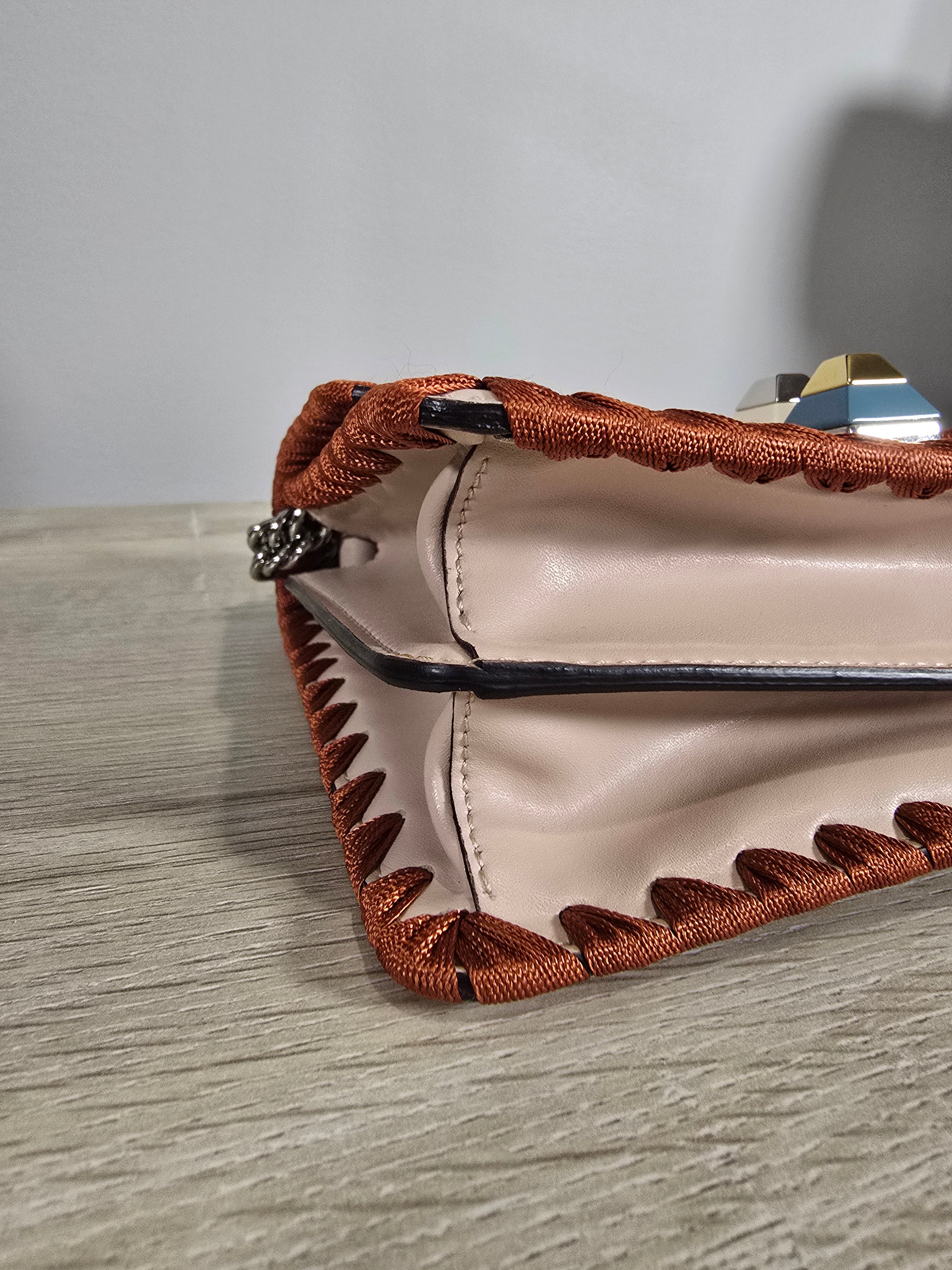 Fendi Kan I Ribbon Whipstitch Shoulder Bag Beige Orange Ribbon Silver Hardware