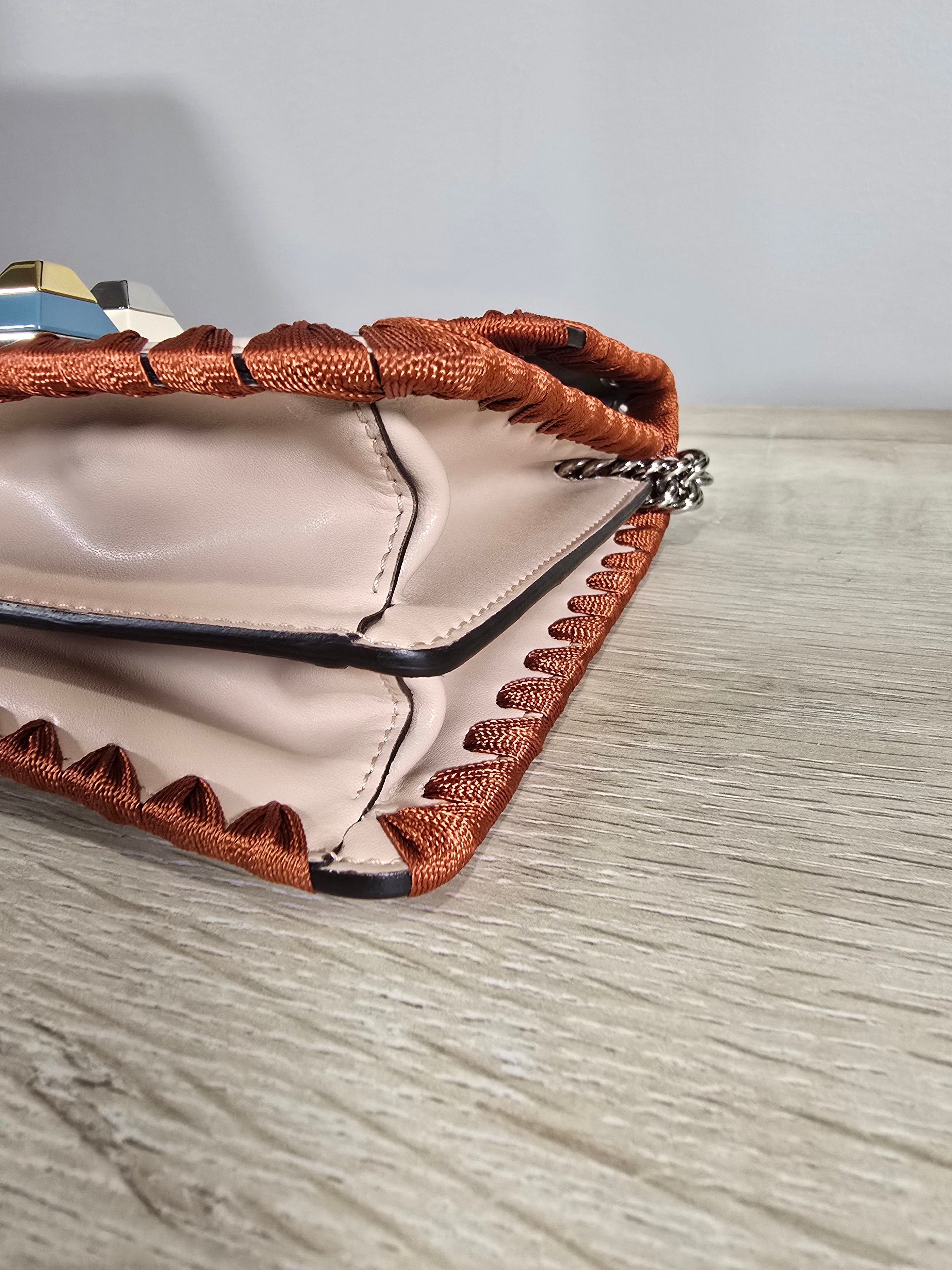 Fendi Kan I Ribbon Whipstitch Shoulder Bag Beige Orange Ribbon Silver Hardware