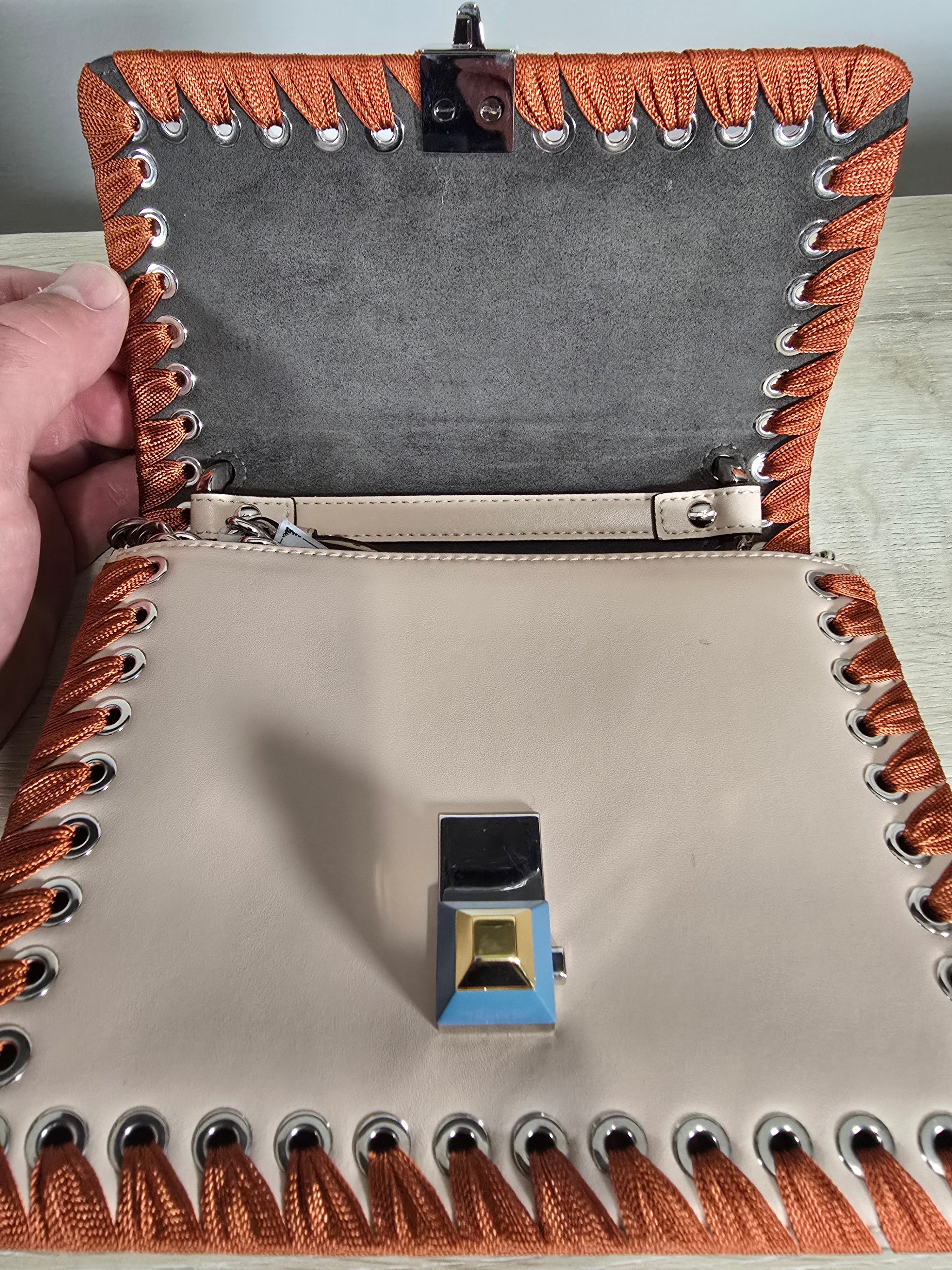 Fendi Kan I Ribbon Whipstitch Shoulder Bag Beige Orange Ribbon Silver Hardware
