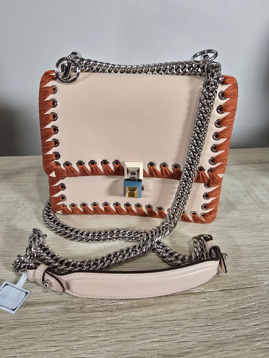 Fendi Kan I Ribbon Whipstitch Shoulder Bag Beige Orange Ribbon Silver Hardware