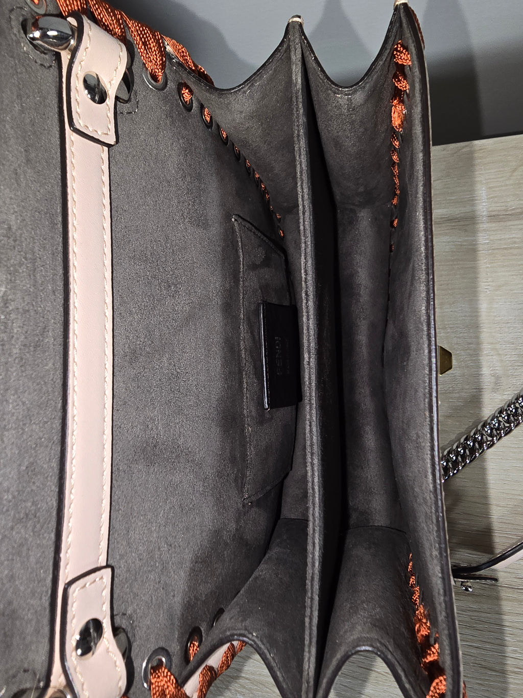 Fendi Kan I Ribbon Whipstitch Shoulder Bag Beige Orange Ribbon Silver Hardware