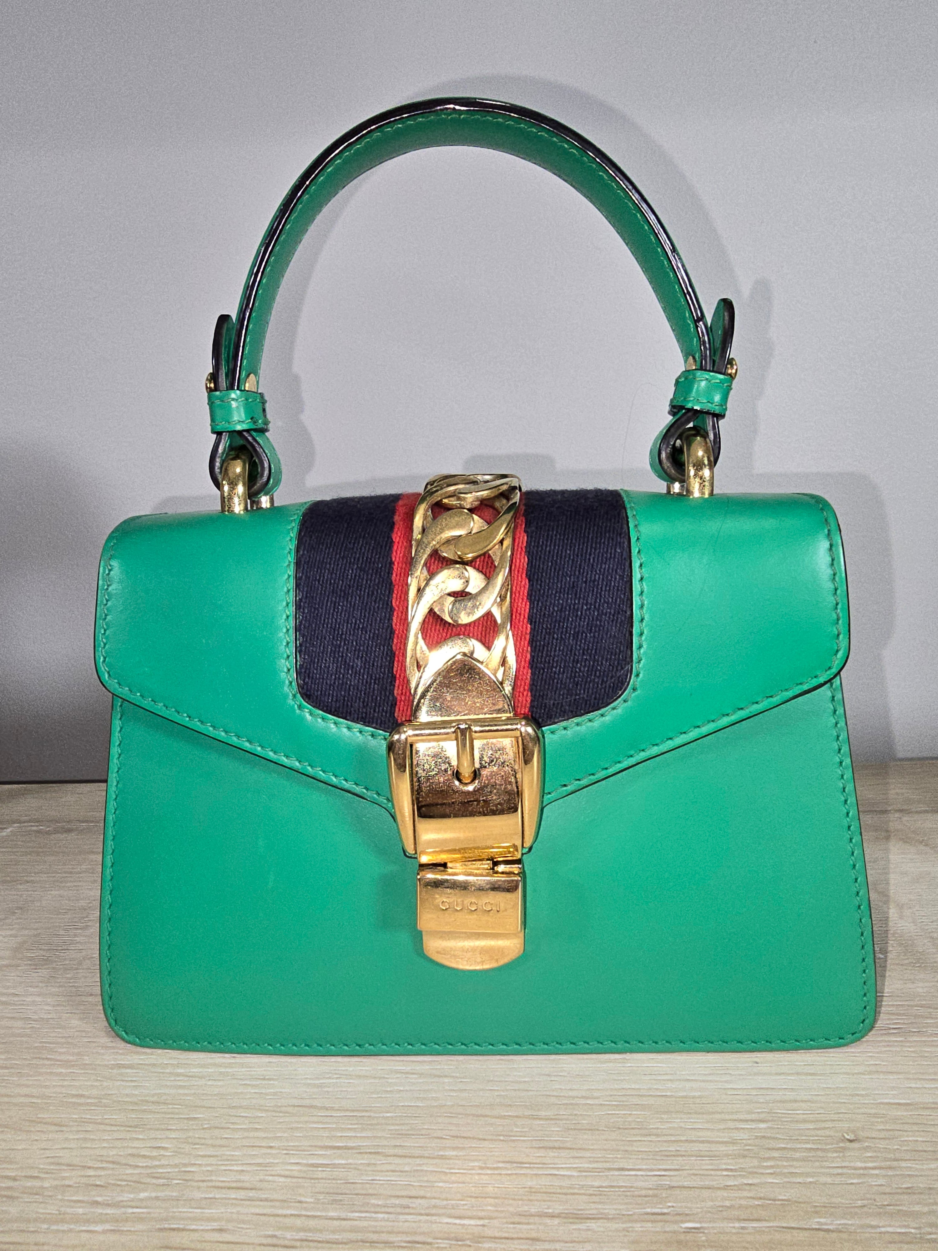 Gucci Sylvie Mini Top Handle Bag Green Leather Gold Hardware Red White Blue Rope Strap
