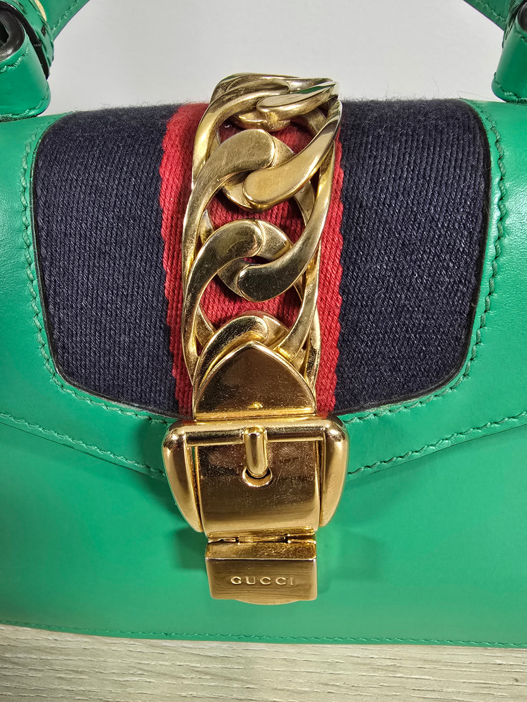 Gucci Sylvie Mini Top Handle Bag Green Leather Gold Hardware Red White Blue Rope Strap