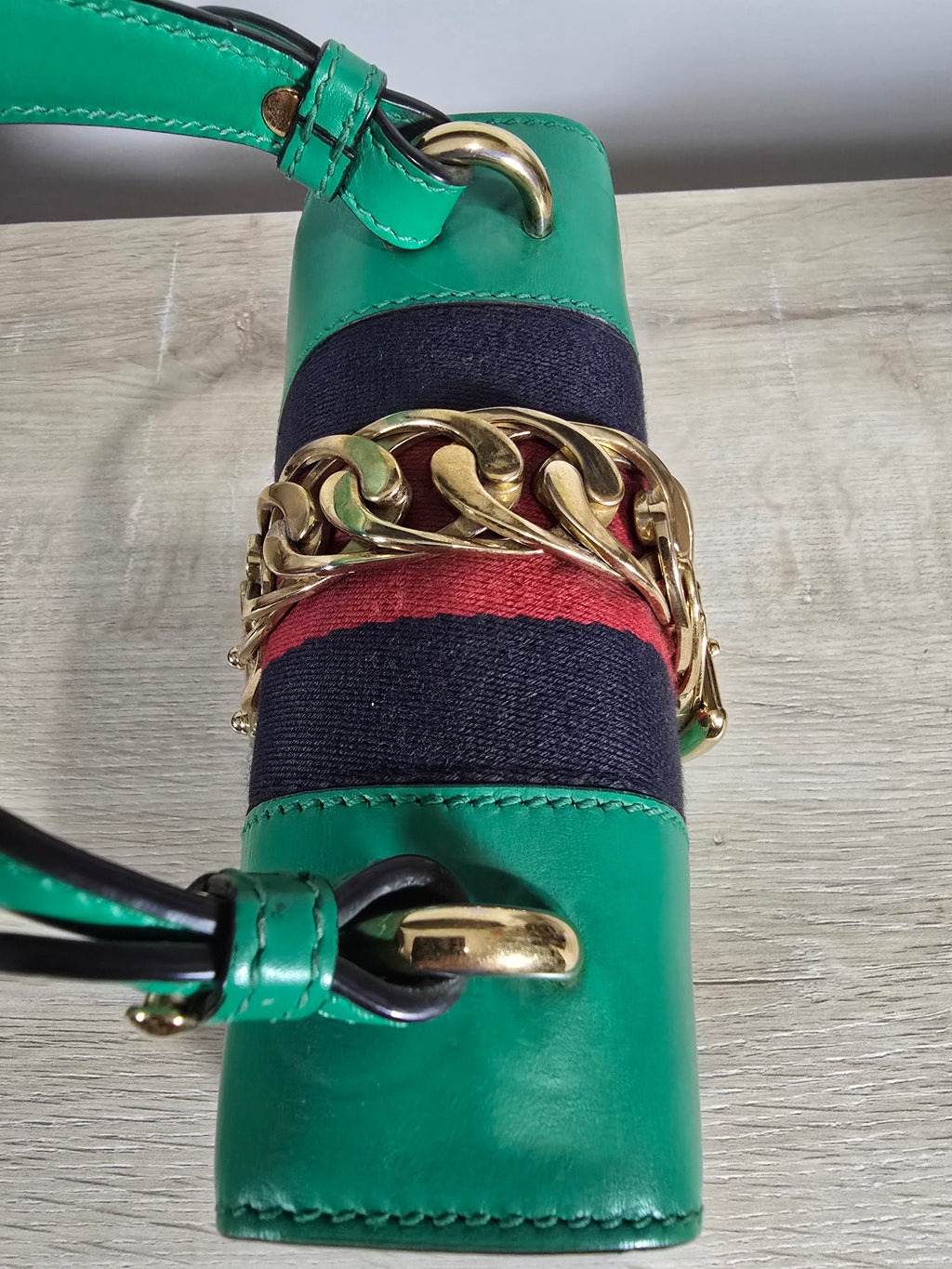 Gucci Sylvie Mini Top Handle Bag Green Leather Gold Hardware Red White Blue Rope Strap