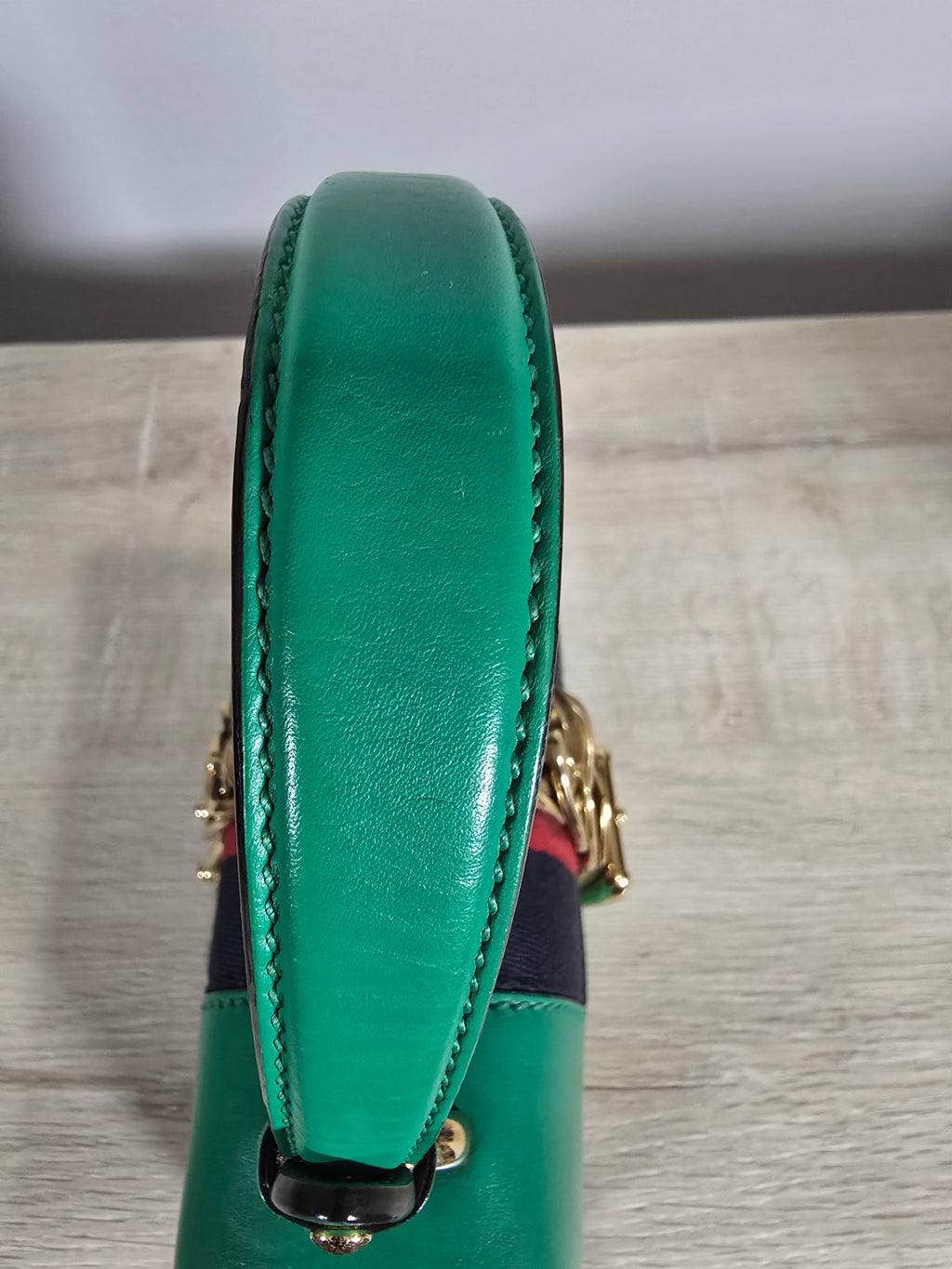 Gucci Sylvie Mini Top Handle Bag Green Leather Gold Hardware Red White Blue Rope Strap