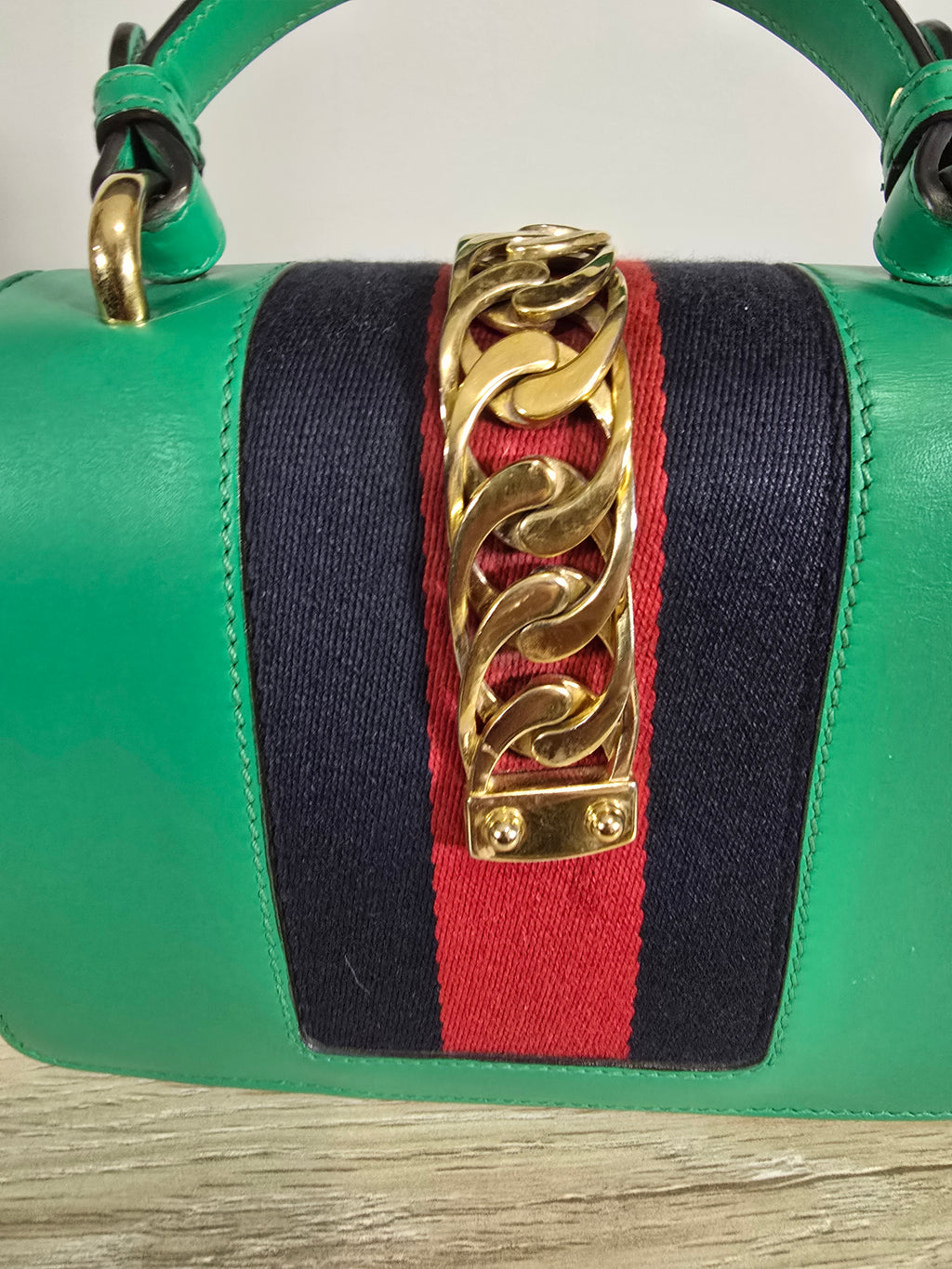Gucci Sylvie Mini Top Handle Bag Green Leather Gold Hardware Red White Blue Rope Strap