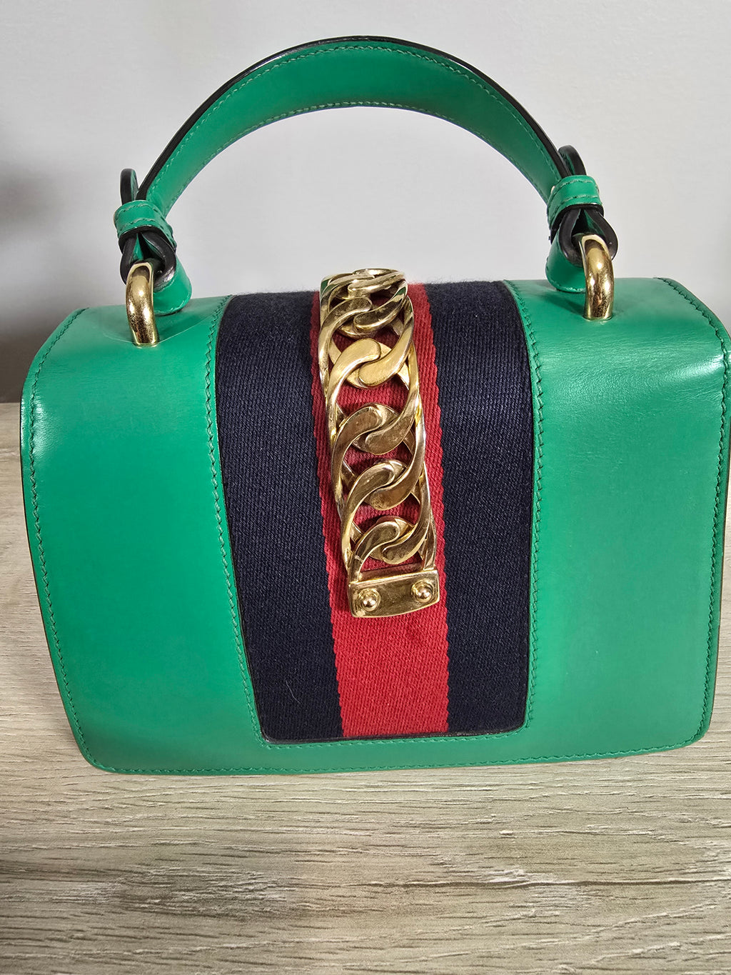 Gucci Sylvie Mini Top Handle Bag Green Leather Gold Hardware Red White Blue Rope Strap