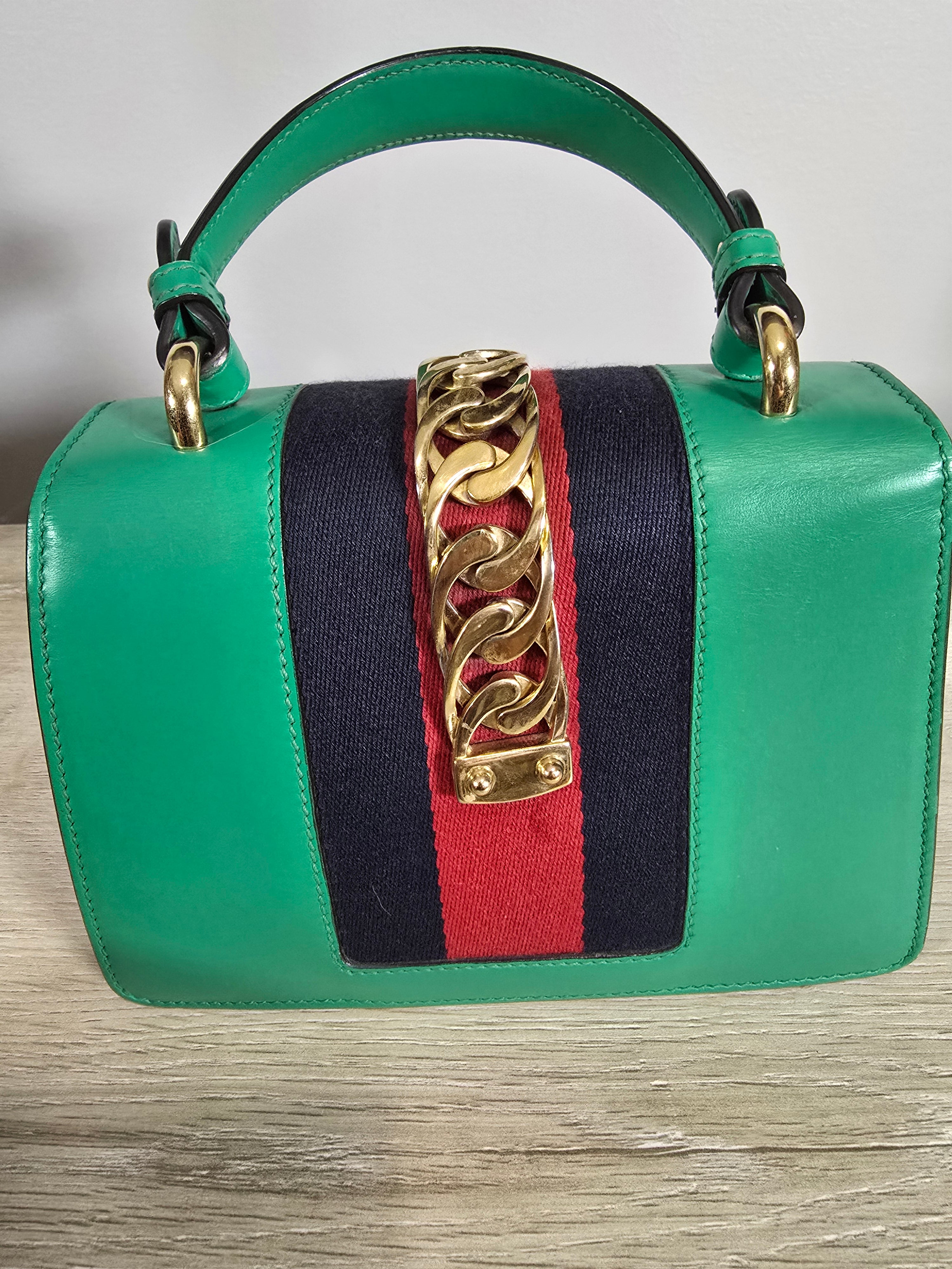 Gucci Sylvie Mini Top Handle Bag Green Leather Gold Hardware Red White Blue Rope Strap