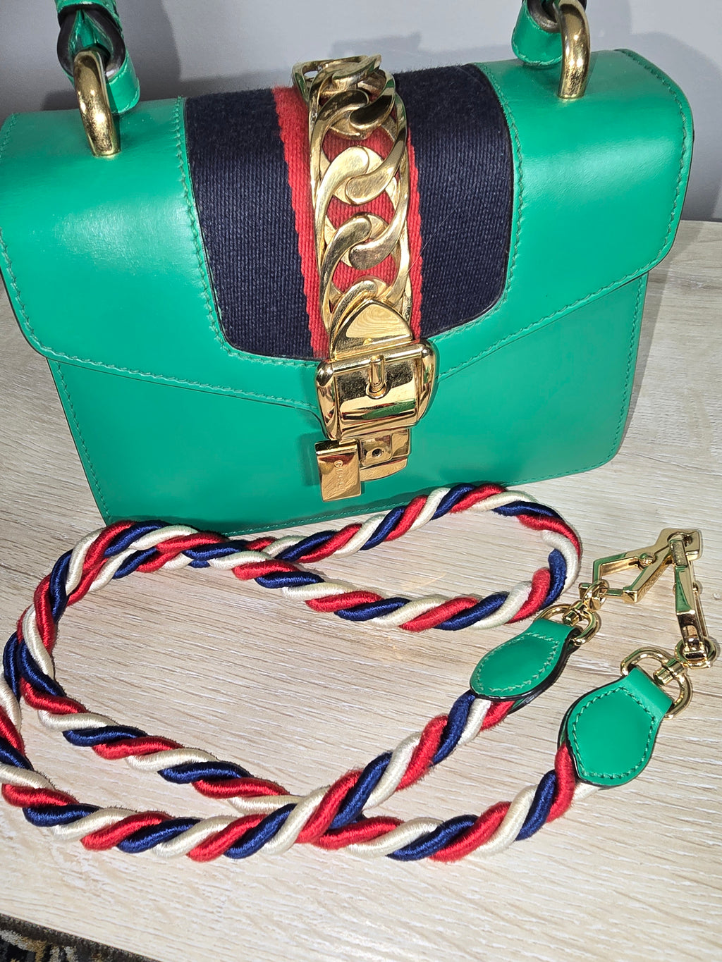 Gucci Sylvie Mini Top Handle Bag Green Leather Gold Hardware Red White Blue Rope Strap