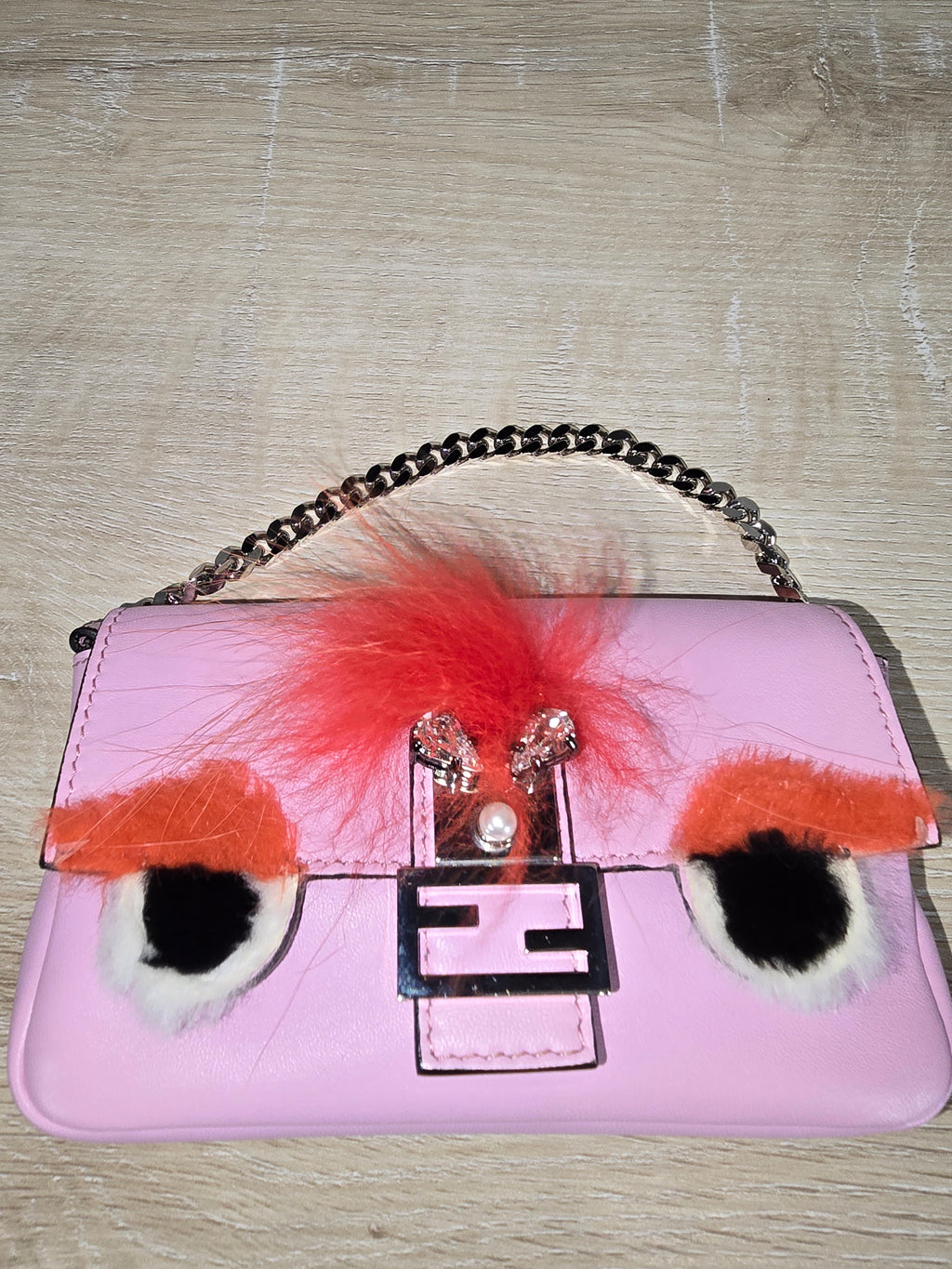Fendi Micro Monster Baguette Pink Leather Crystal Fur Embellishment