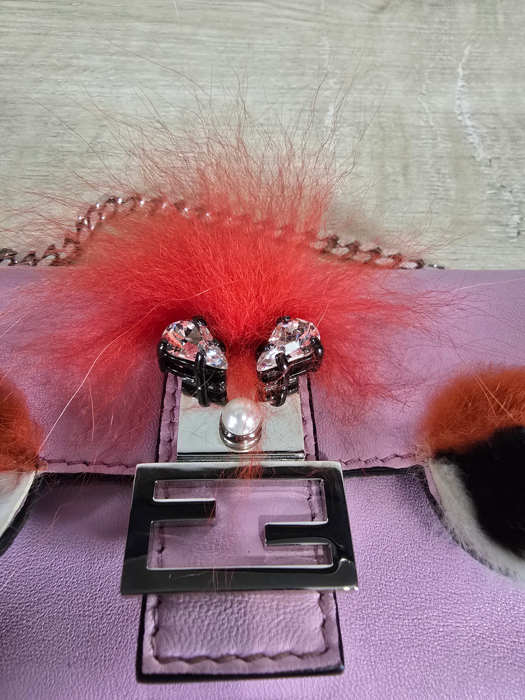 Fendi Micro Monster Baguette Pink Leather Crystal Fur Embellishment