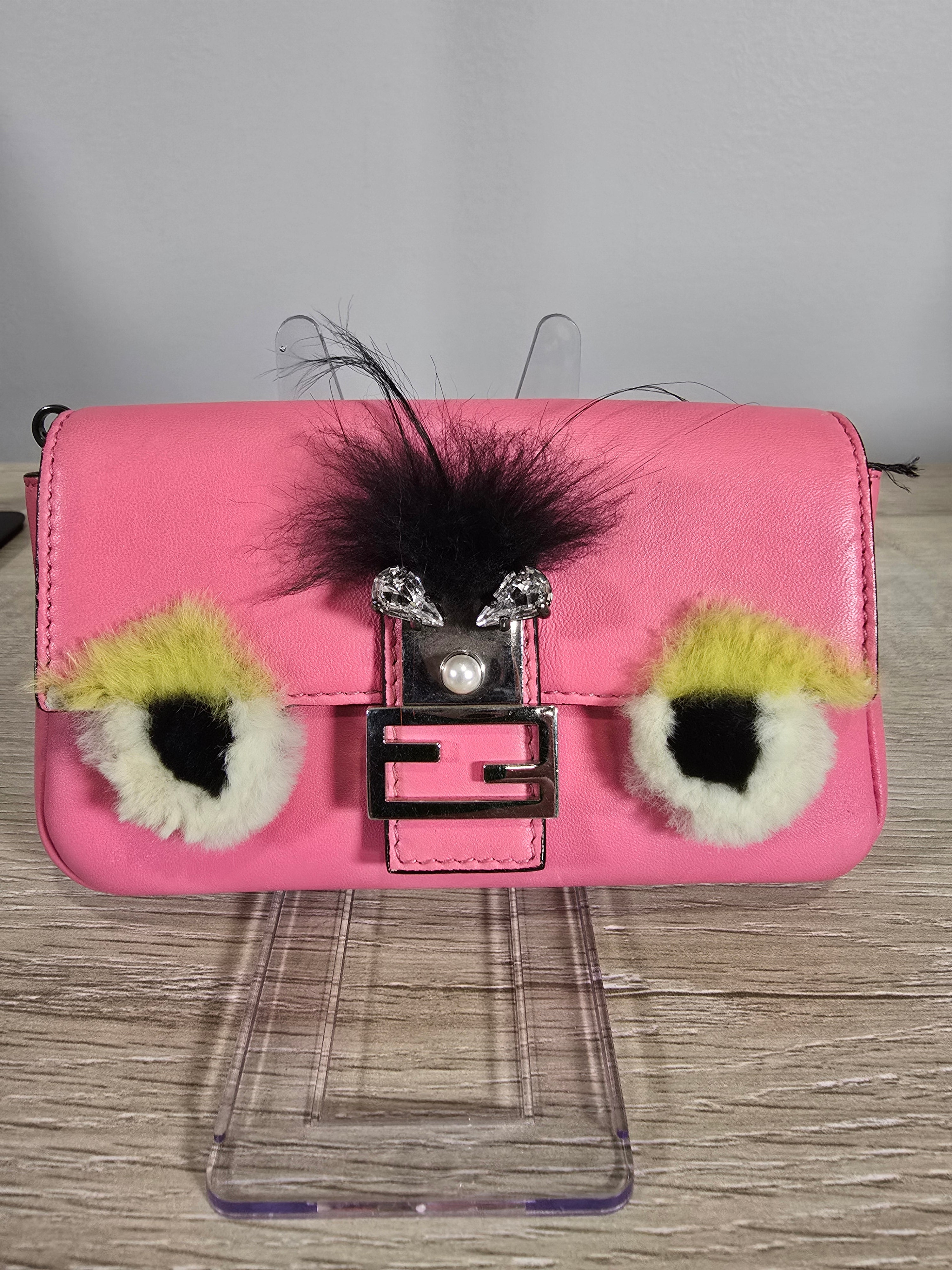 Fendi Micro Monster Baguette Dark Pink Leather Crystal Fur Embellishment