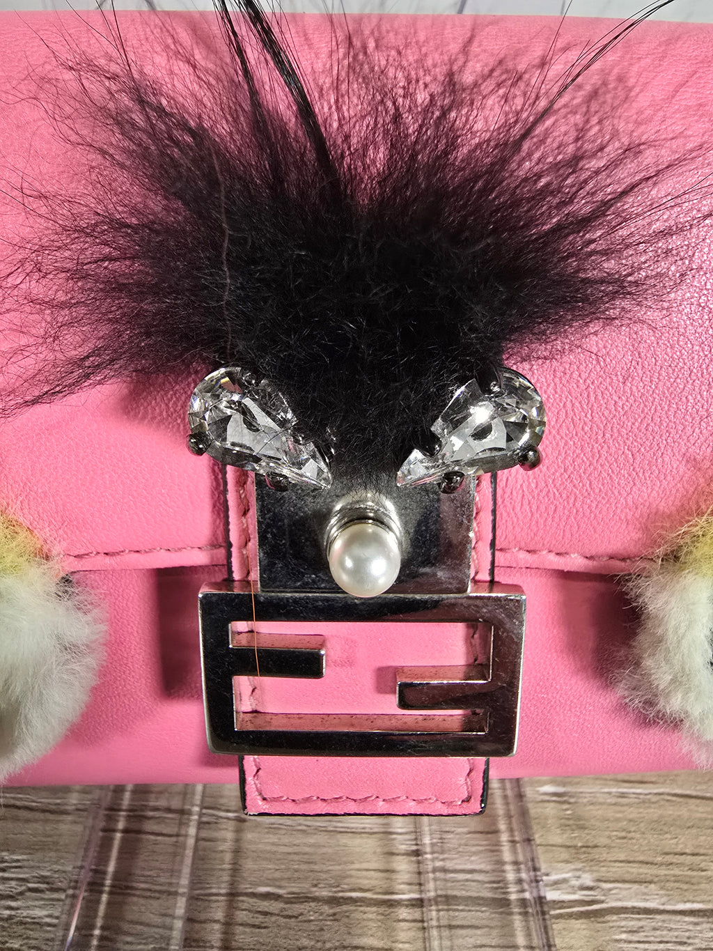 Fendi Micro Monster Baguette Dark Pink Leather Crystal Fur Embellishment