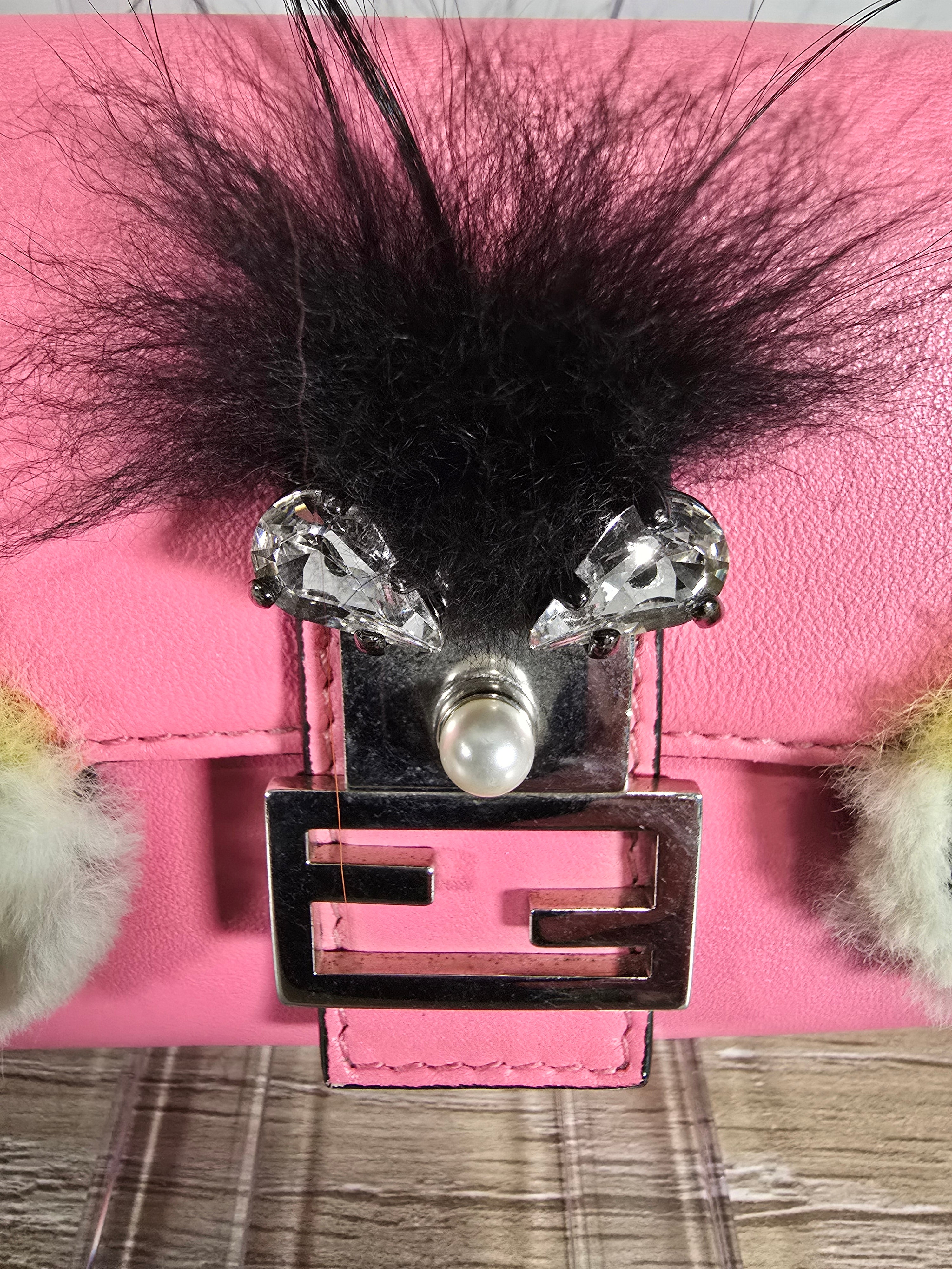 Fendi Micro Monster Baguette Dark Pink Leather Crystal Fur Embellishment