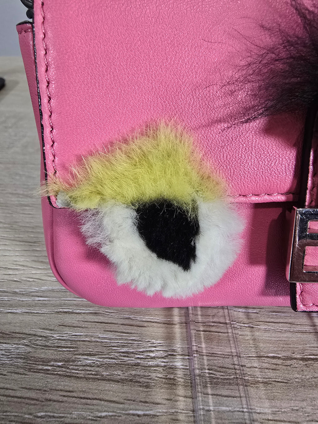 Fendi Micro Monster Baguette Dark Pink Leather Crystal Fur Embellishment