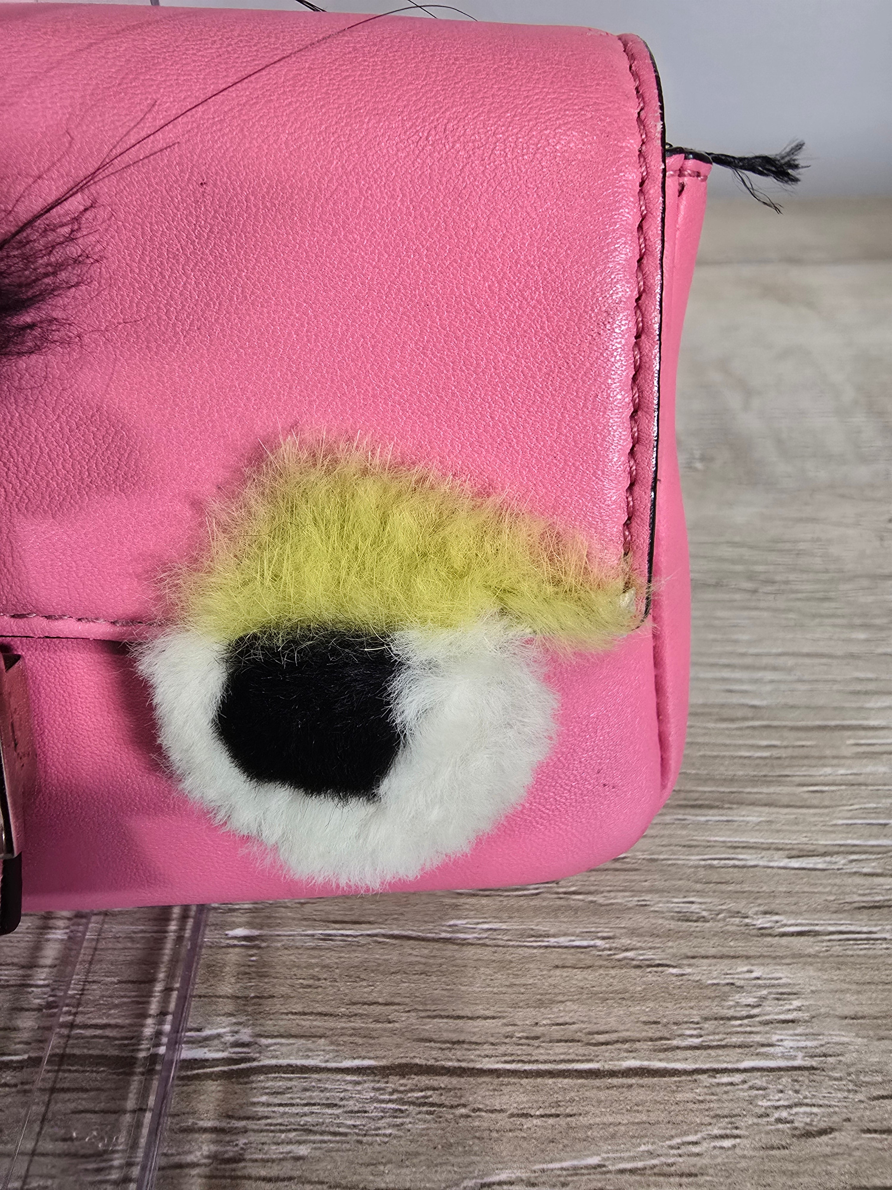 Fendi Micro Monster Baguette Dark Pink Leather Crystal Fur Embellishment
