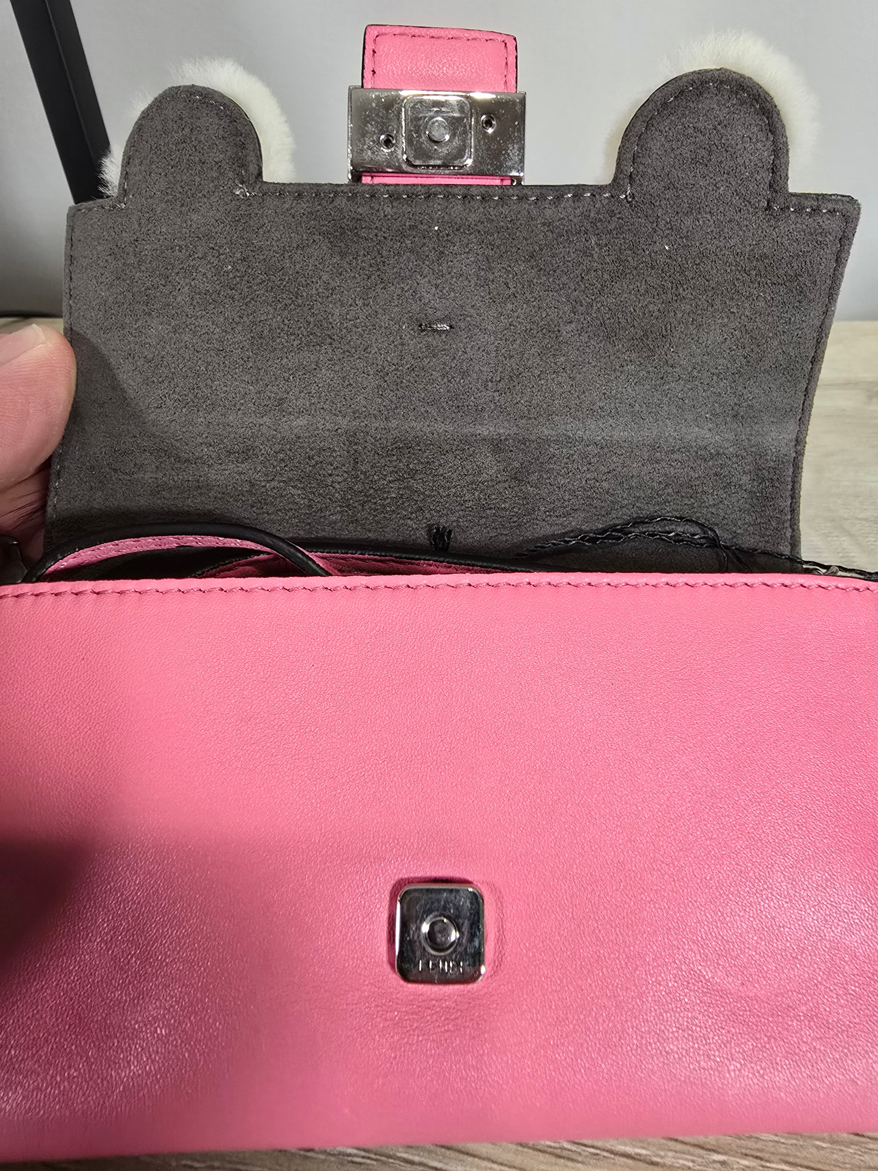 Fendi Micro Monster Baguette Dark Pink Leather Crystal Fur Embellishment