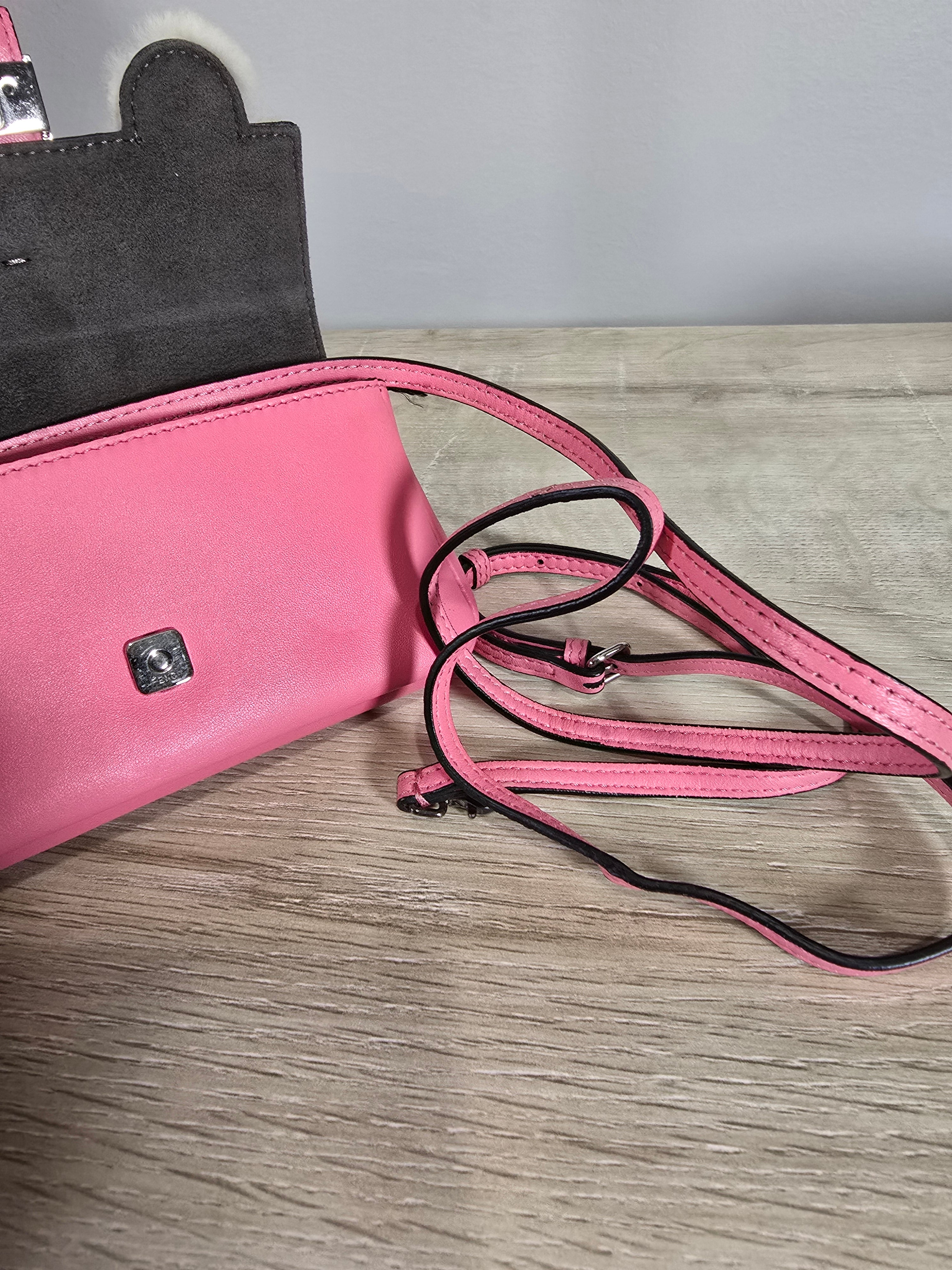 Fendi Micro Monster Baguette Dark Pink Leather Crystal Fur Embellishment