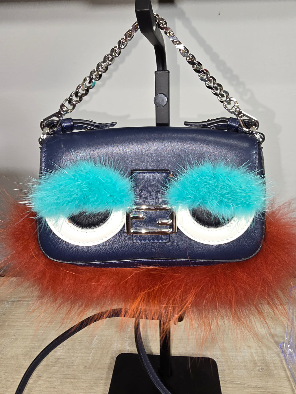 Fendi Micro Monster Baguette Blue Leather Teal Crystal Eyes Red Fur Trim Chain Strap