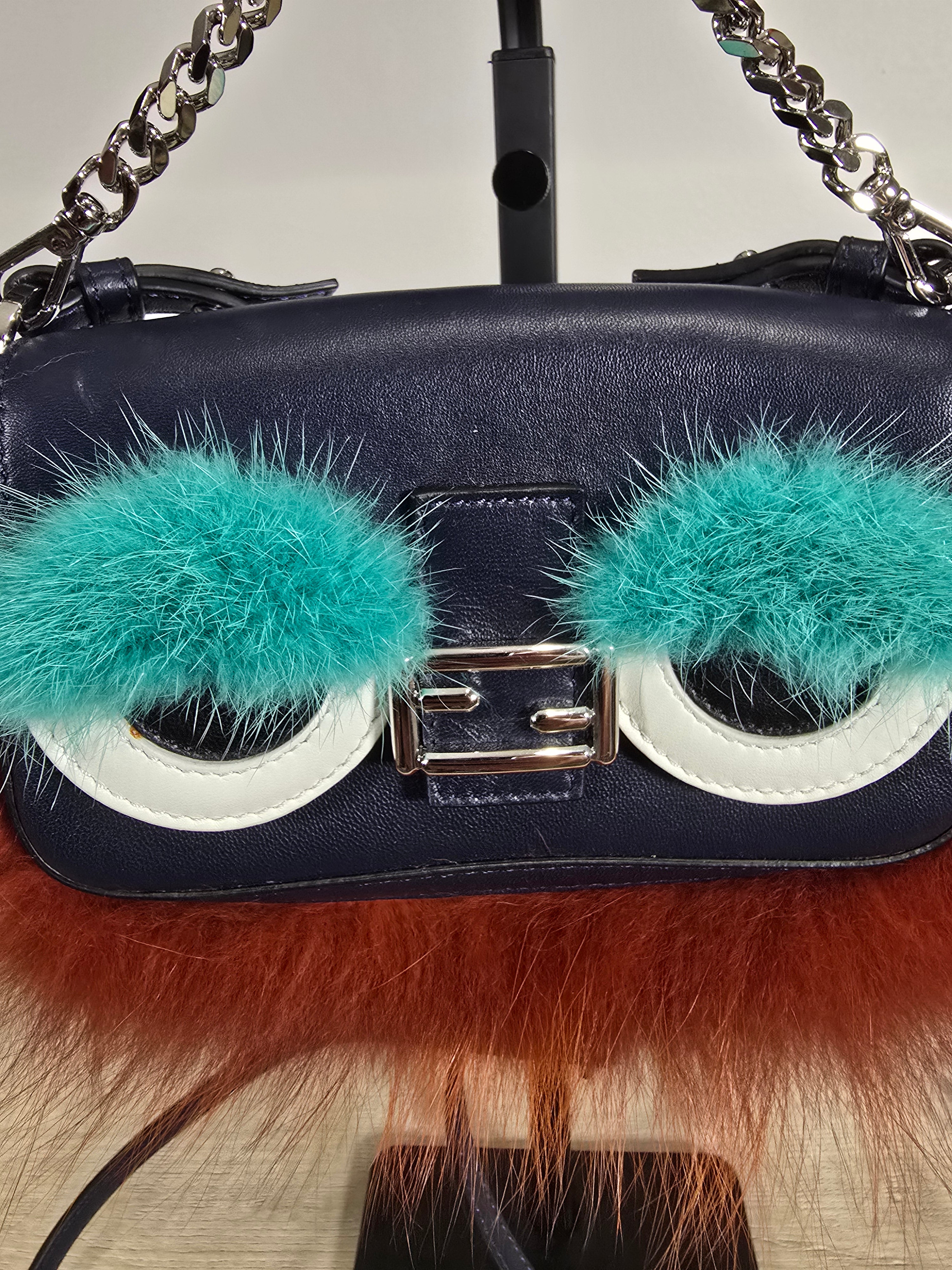 Fendi Micro Monster Baguette Blue Leather Teal Crystal Eyes Red Fur Trim Chain Strap