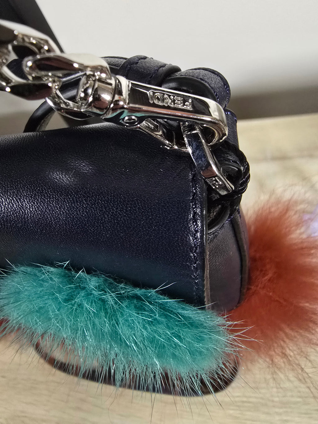 Fendi Micro Monster Baguette Blue Leather Teal Crystal Eyes Red Fur Trim Chain Strap
