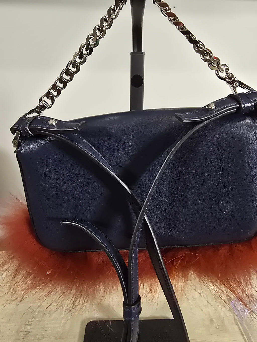 Fendi Micro Monster Baguette Blue Leather Teal Crystal Eyes Red Fur Trim Chain Strap