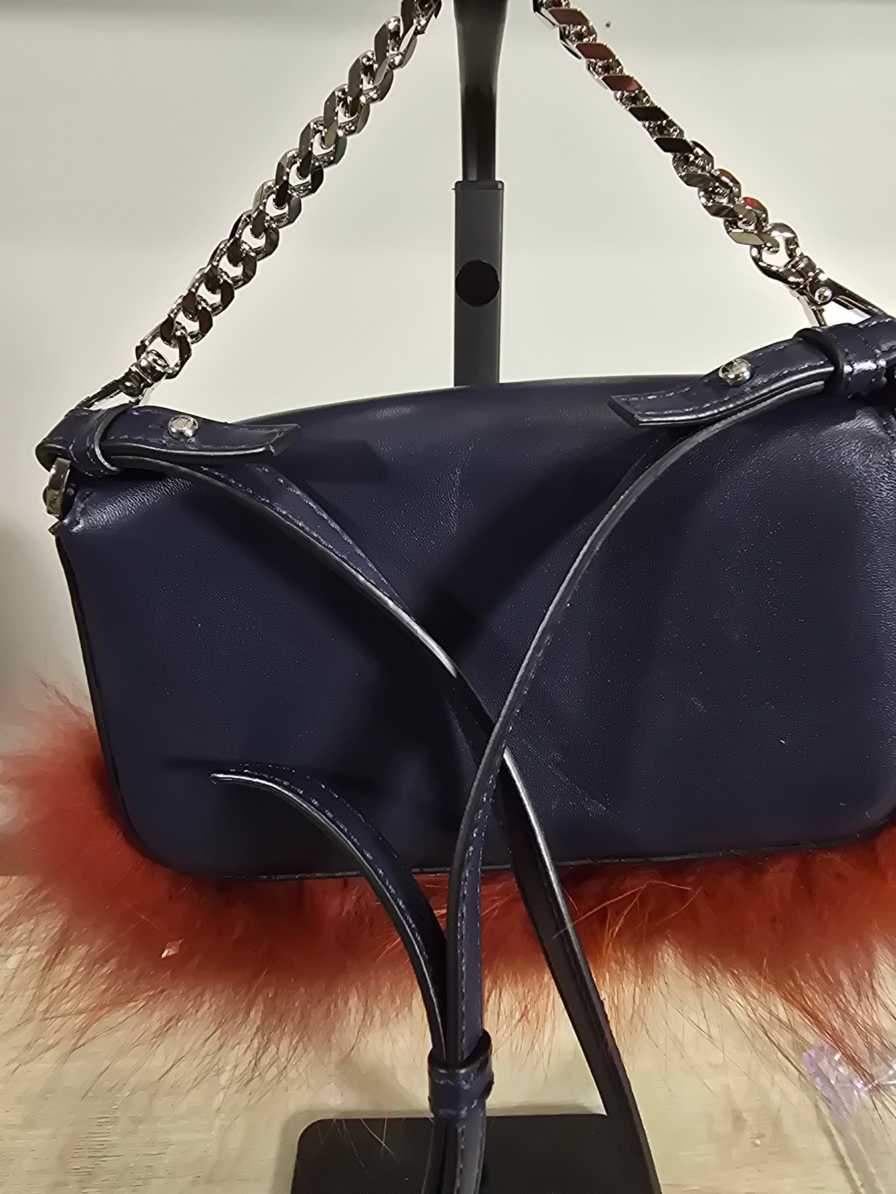 Fendi Micro Monster Baguette Blue Leather Teal Crystal Eyes Red Fur Trim Chain Strap