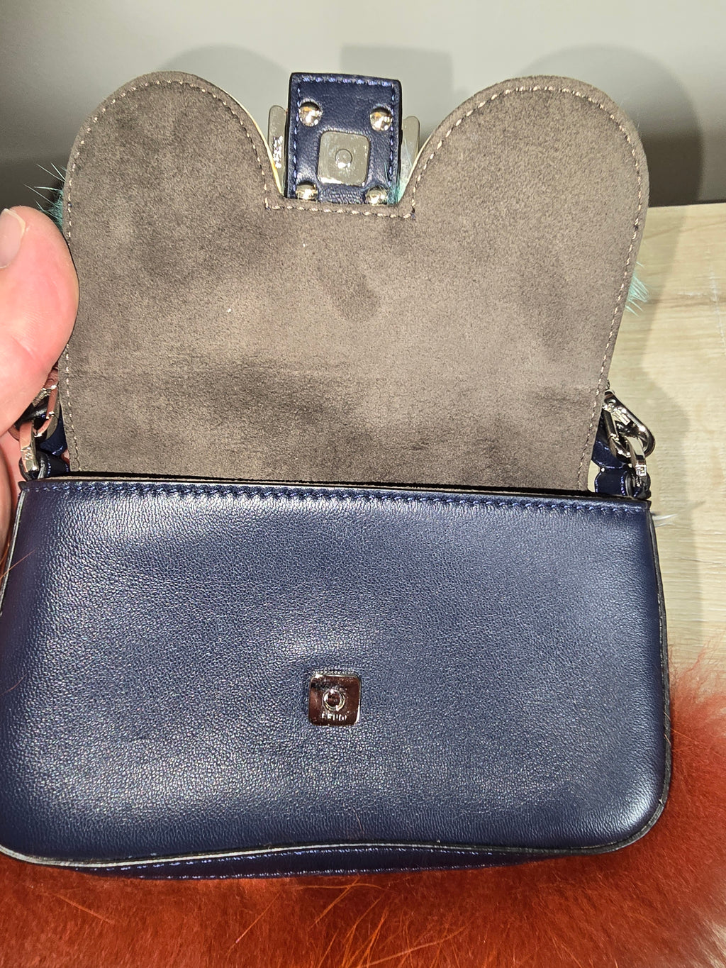 Fendi Micro Monster Baguette Blue Leather Teal Crystal Eyes Red Fur Trim Chain Strap