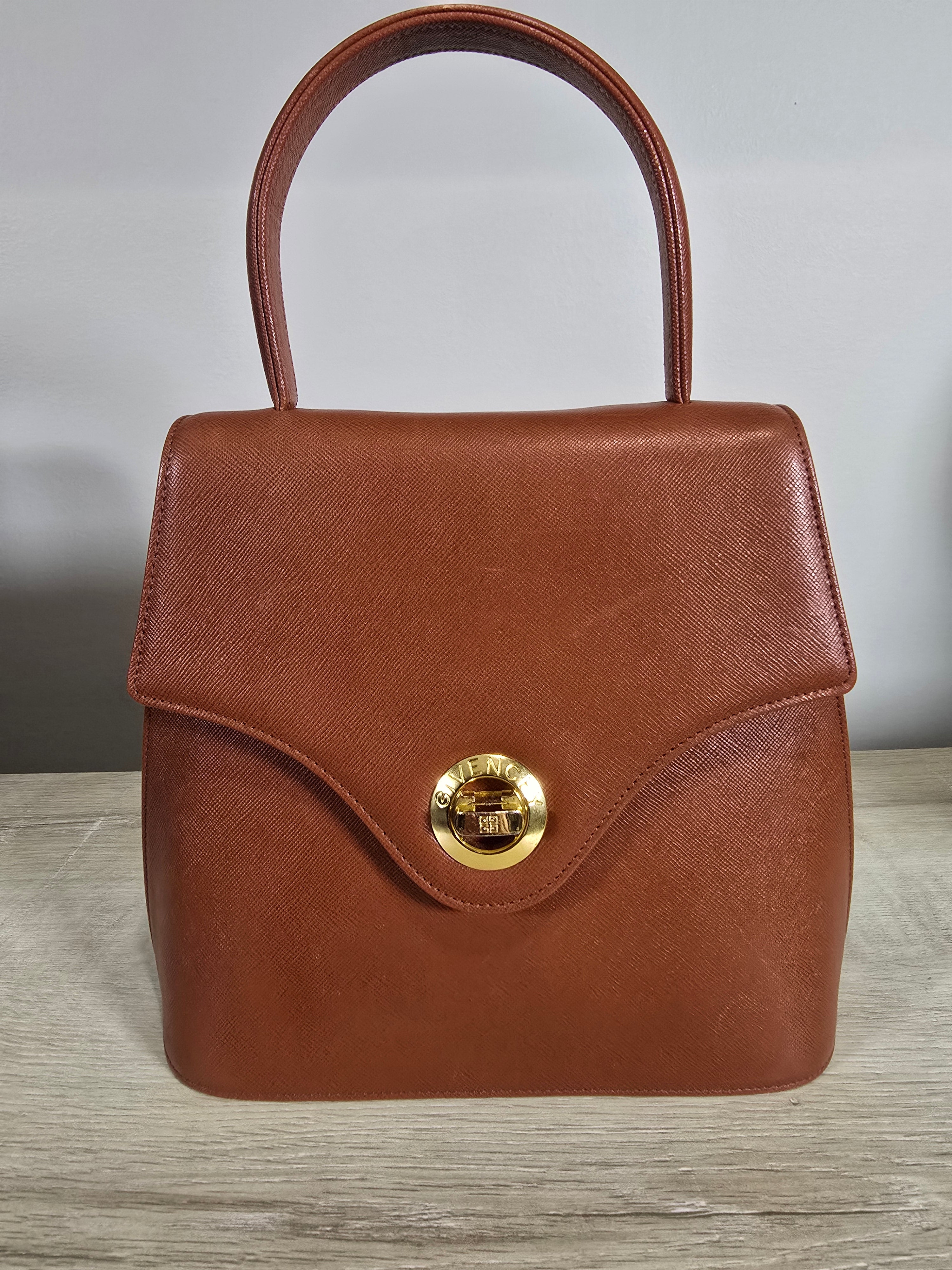 Givenchy Vintage Top Handle Bag Brown Orange Textured Leather Gold Hardware