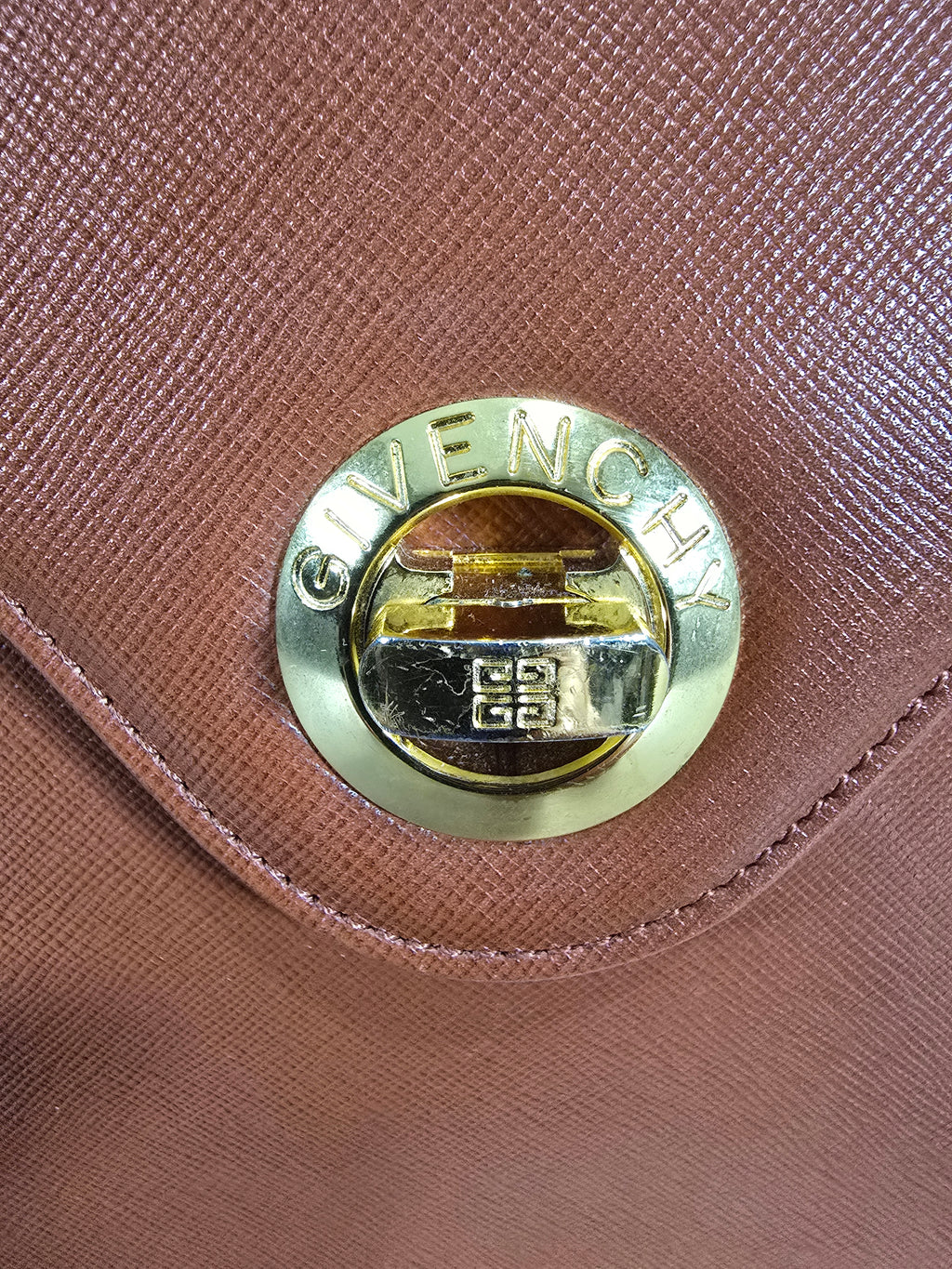 Givenchy Vintage Top Handle Bag Brown Orange Textured Leather Gold Hardware