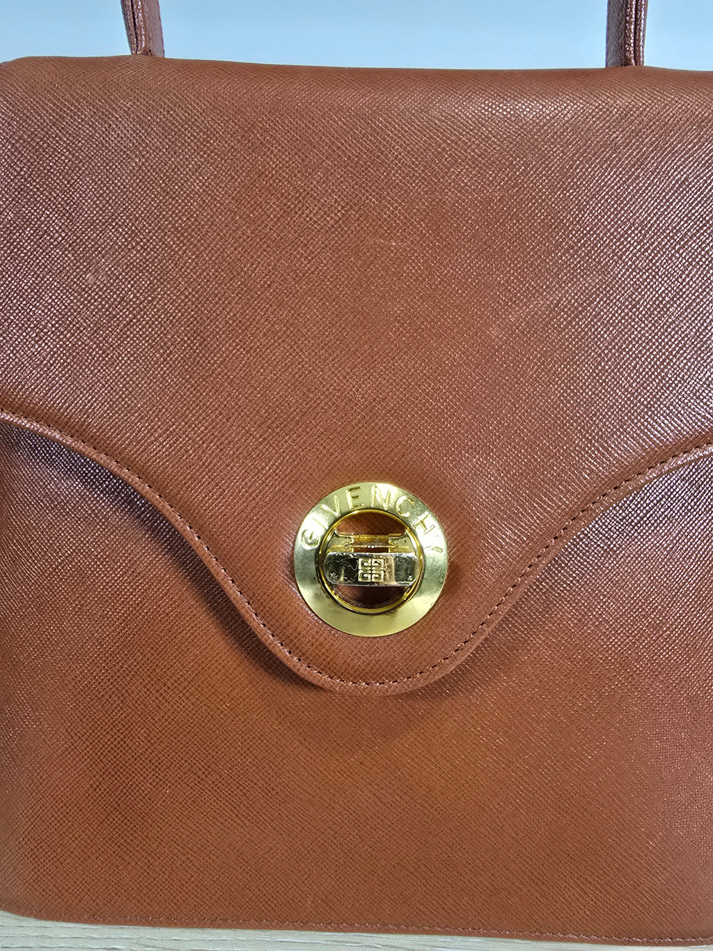 Givenchy Vintage Top Handle Bag Brown Orange Textured Leather Gold Hardware