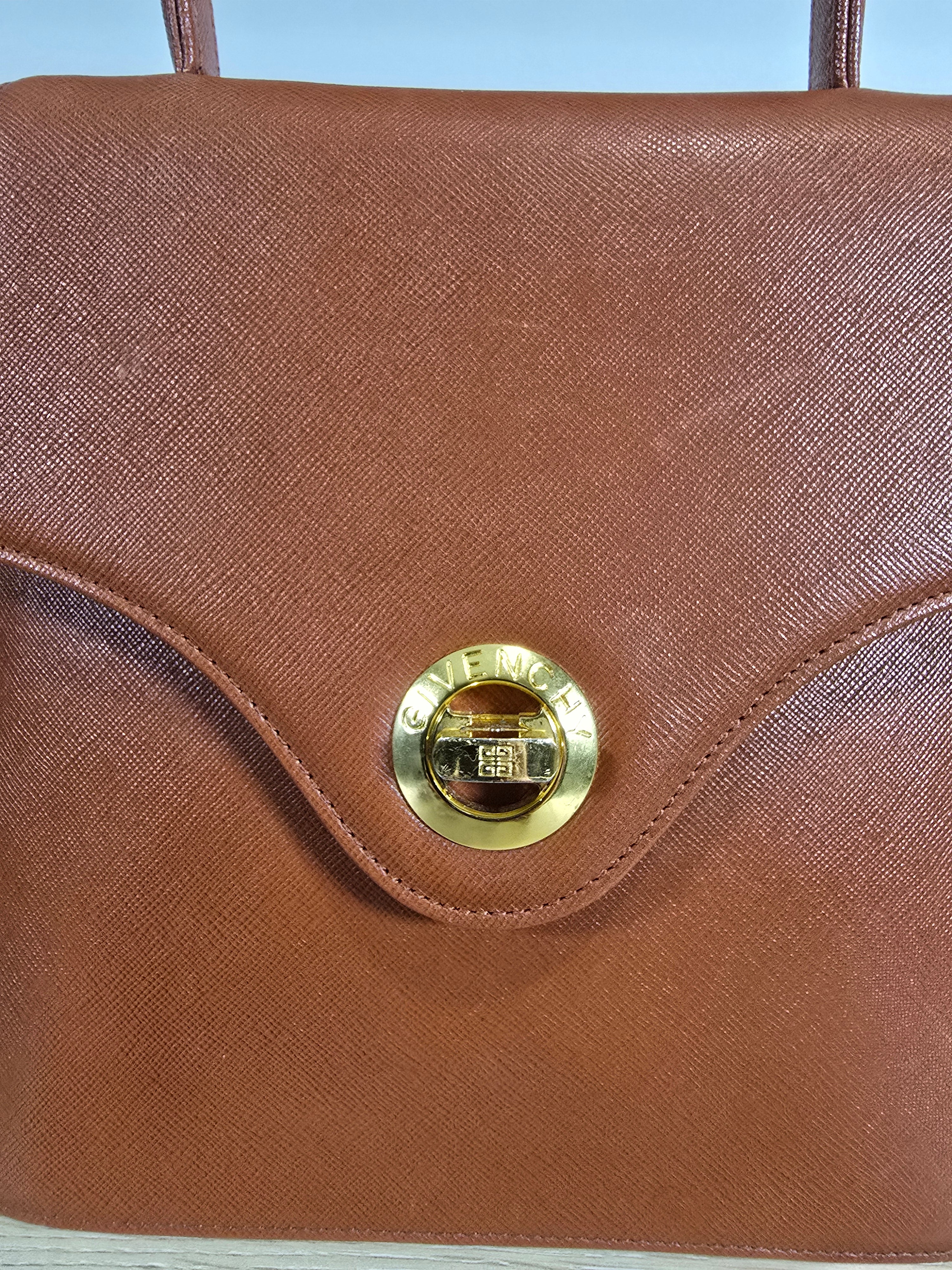 Givenchy Vintage Top Handle Bag Brown Orange Textured Leather Gold Hardware
