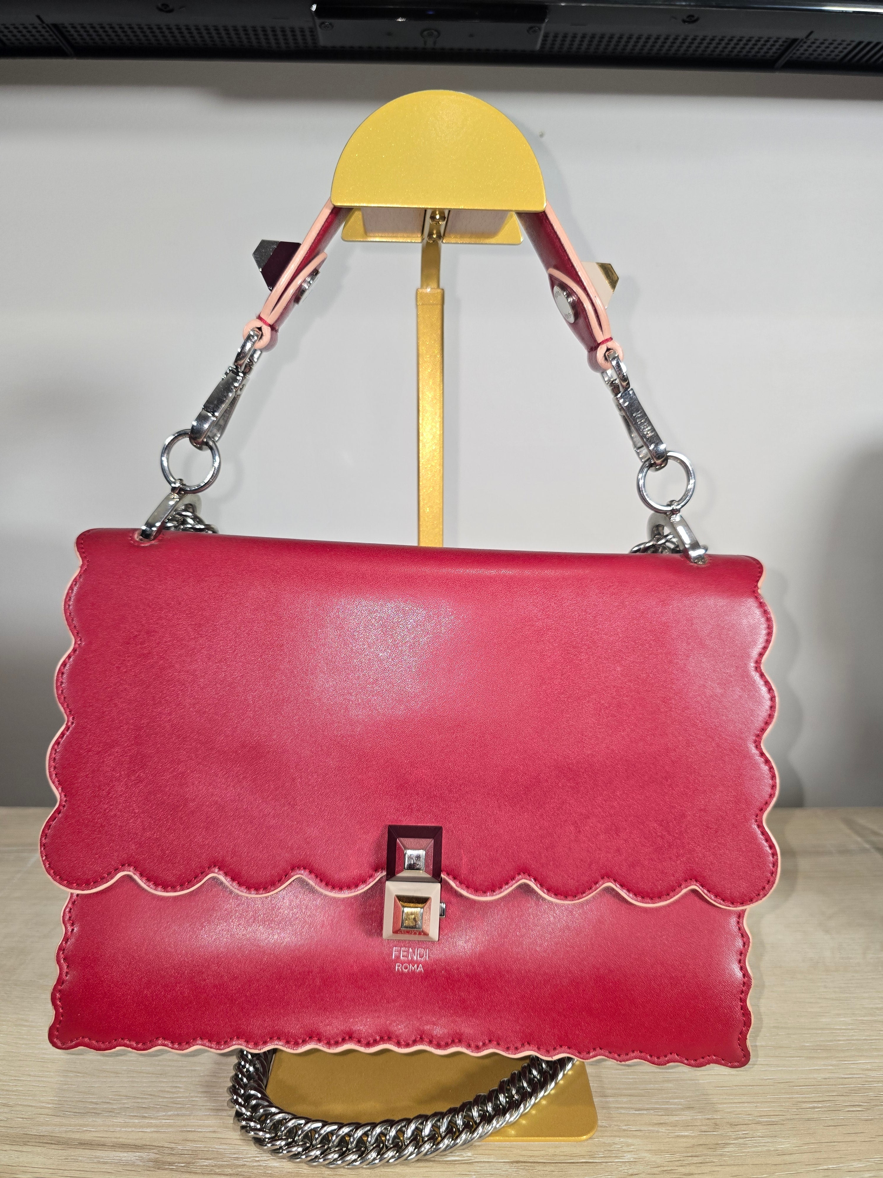 Fendi Kan I Medium Shoulder Bag Red Leather Silver Hardware Chain Strap
