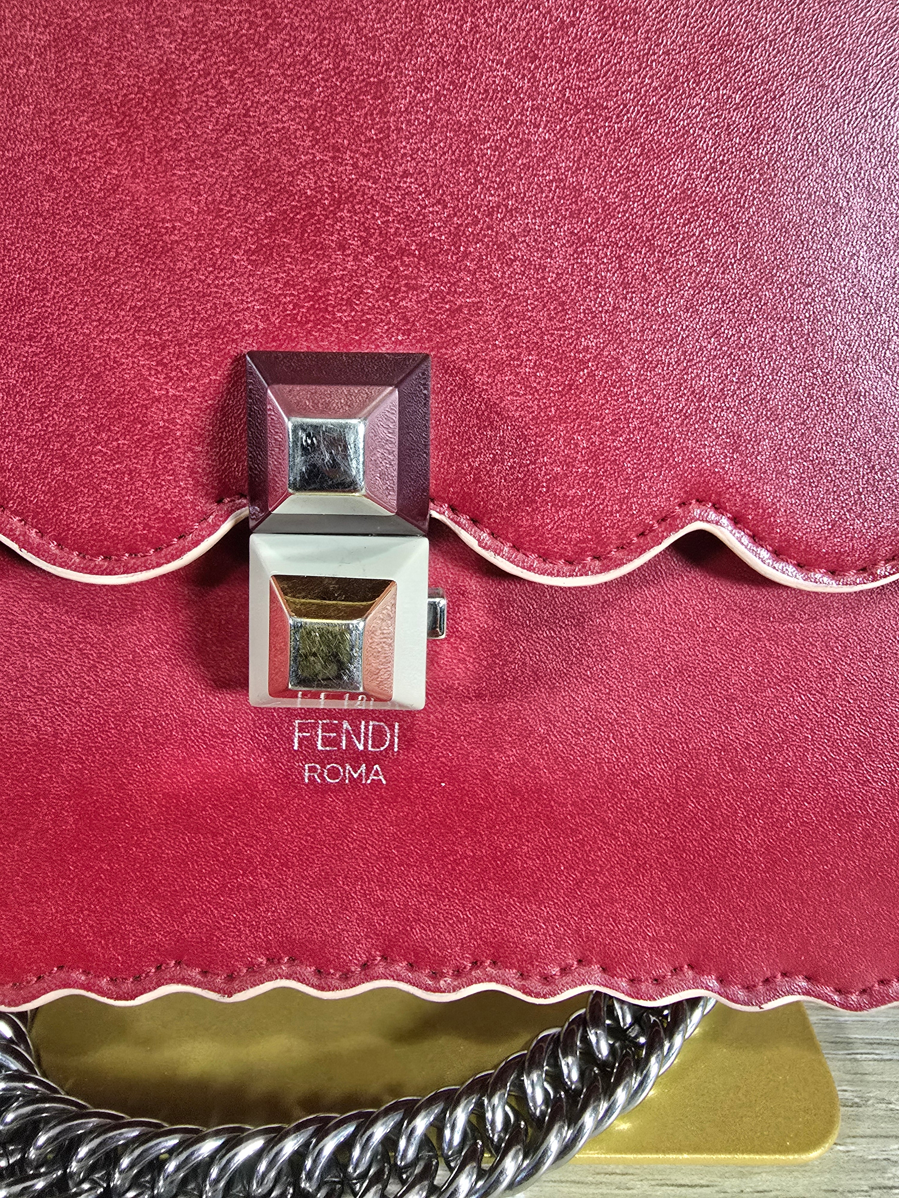 Fendi Kan I Medium Shoulder Bag Red Leather Silver Hardware Chain Strap