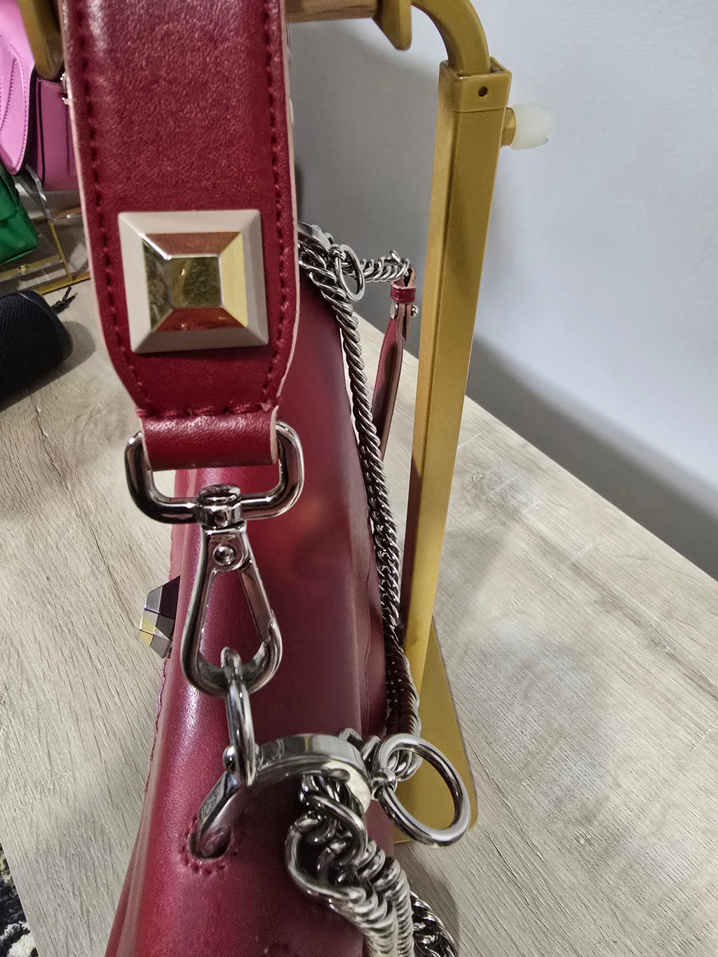 Fendi Kan I Medium Shoulder Bag Red Leather Silver Hardware Chain Strap