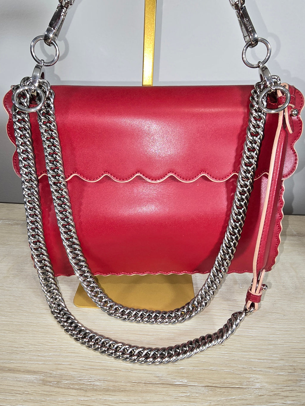 Fendi Kan I Medium Shoulder Bag Red Leather Silver Hardware Chain Strap