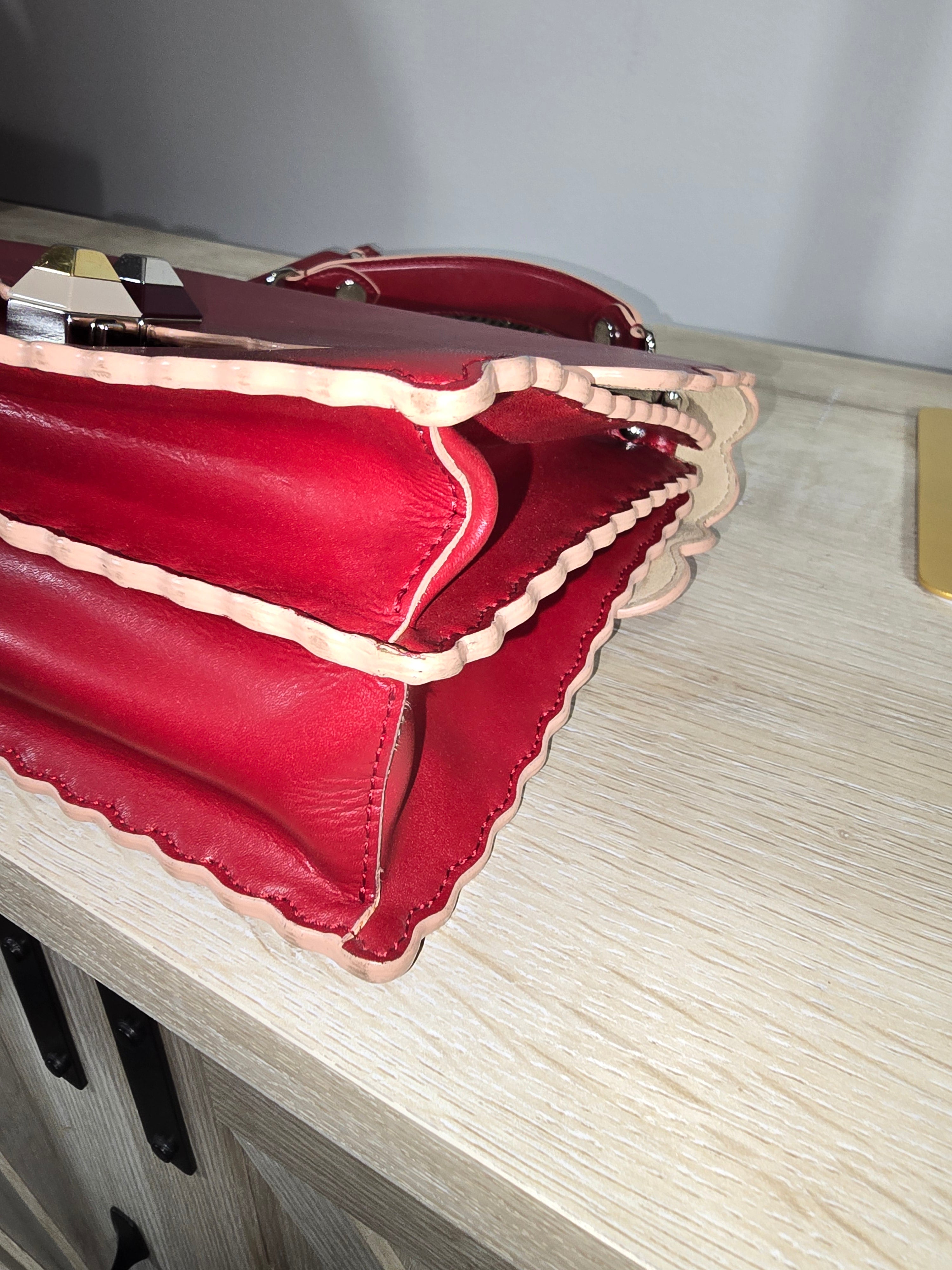 Fendi Kan I Medium Shoulder Bag Red Leather Silver Hardware Chain Strap