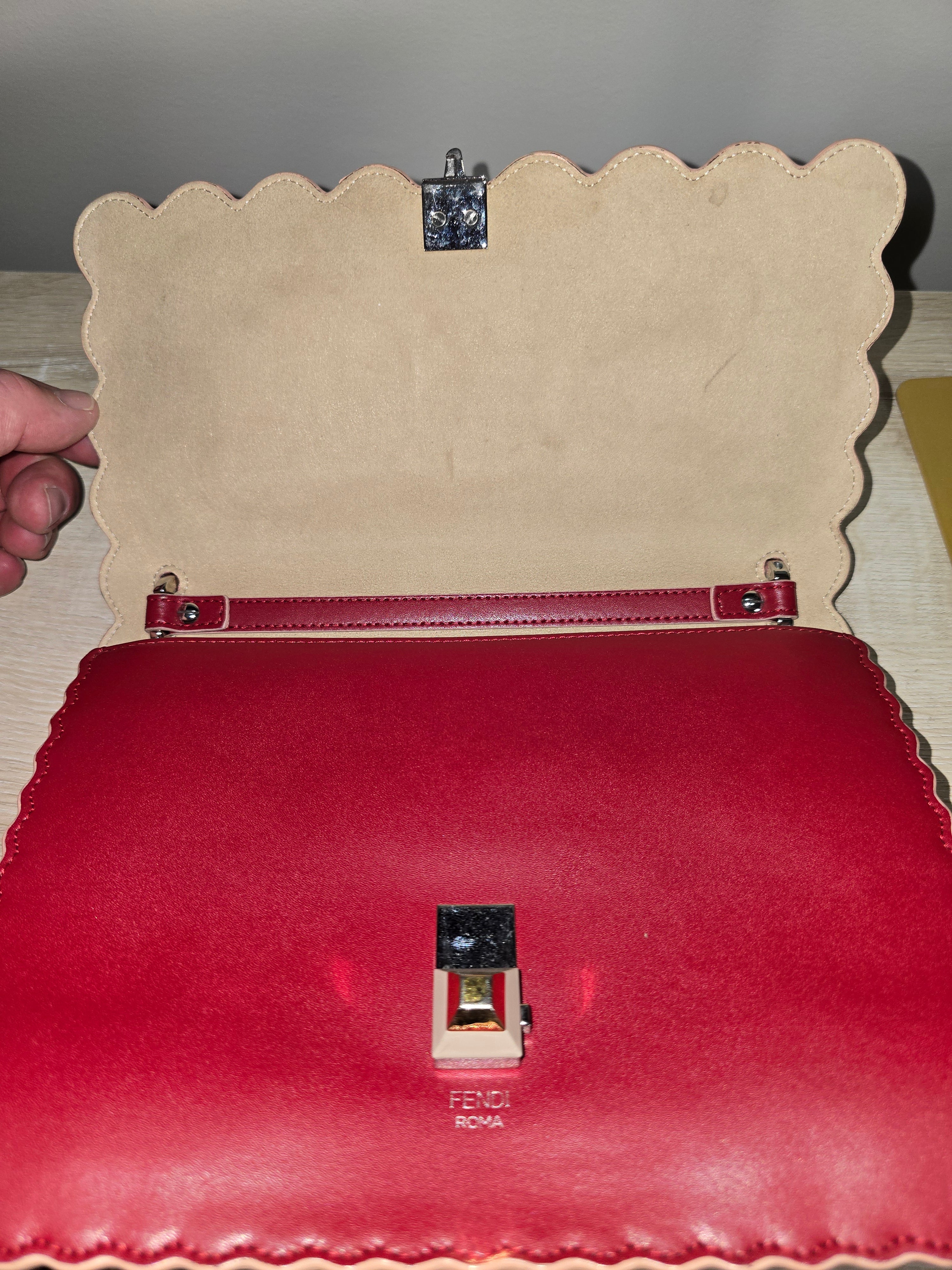 Fendi Kan I Medium Shoulder Bag Red Leather Silver Hardware Chain Strap