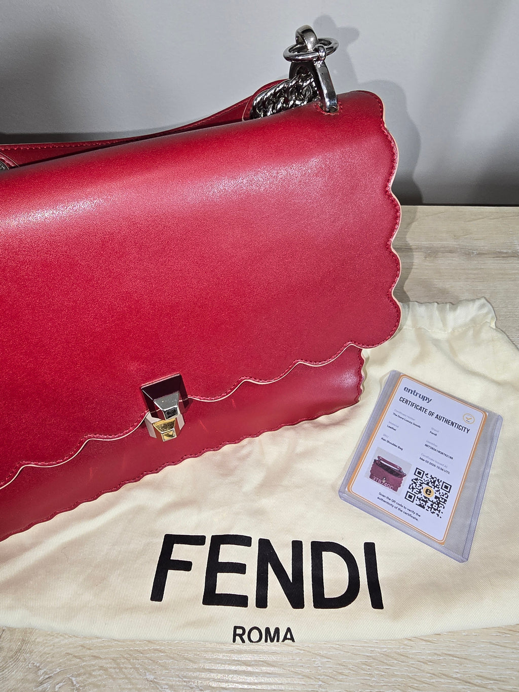 Fendi Kan I Medium Shoulder Bag Red Leather Silver Hardware Chain Strap