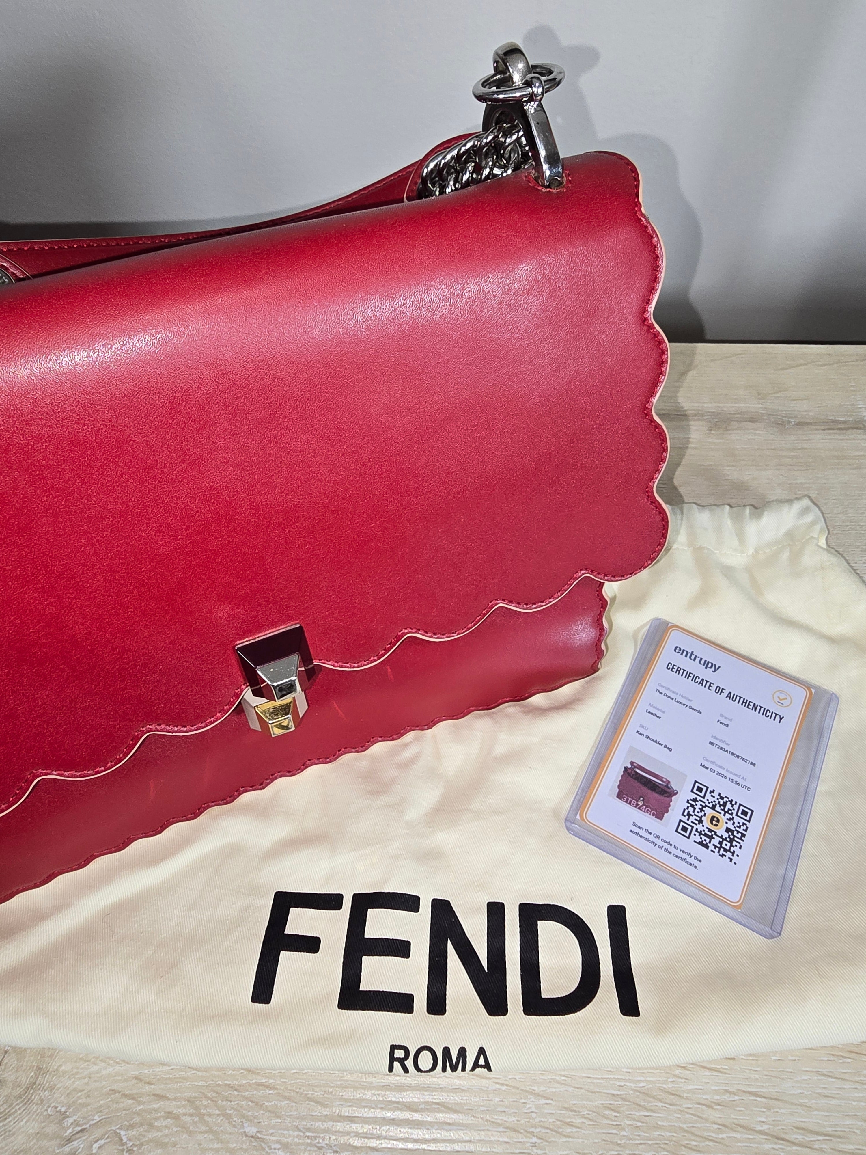 Fendi Kan I Medium Shoulder Bag Red Leather Silver Hardware Chain Strap