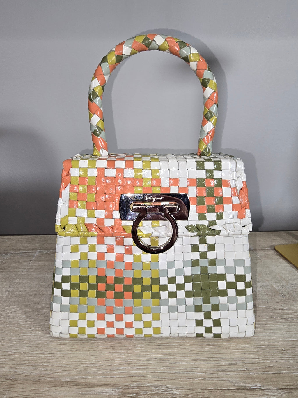 Salvatore Ferragamo Woven Leather Gancini Top Handle Bag Multicolor White Orange Green Silver Hardware