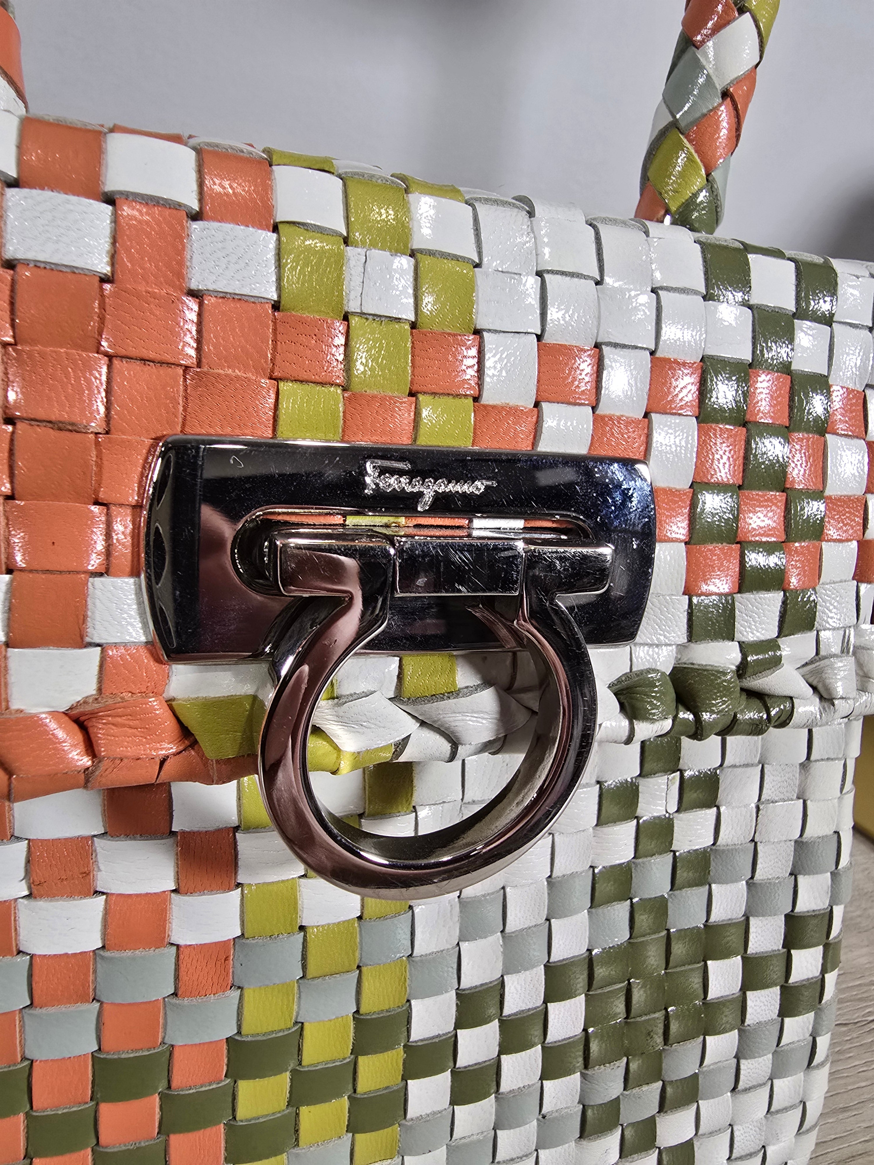 Salvatore Ferragamo Woven Leather Gancini Top Handle Bag Multicolor White Orange Green Silver Hardware